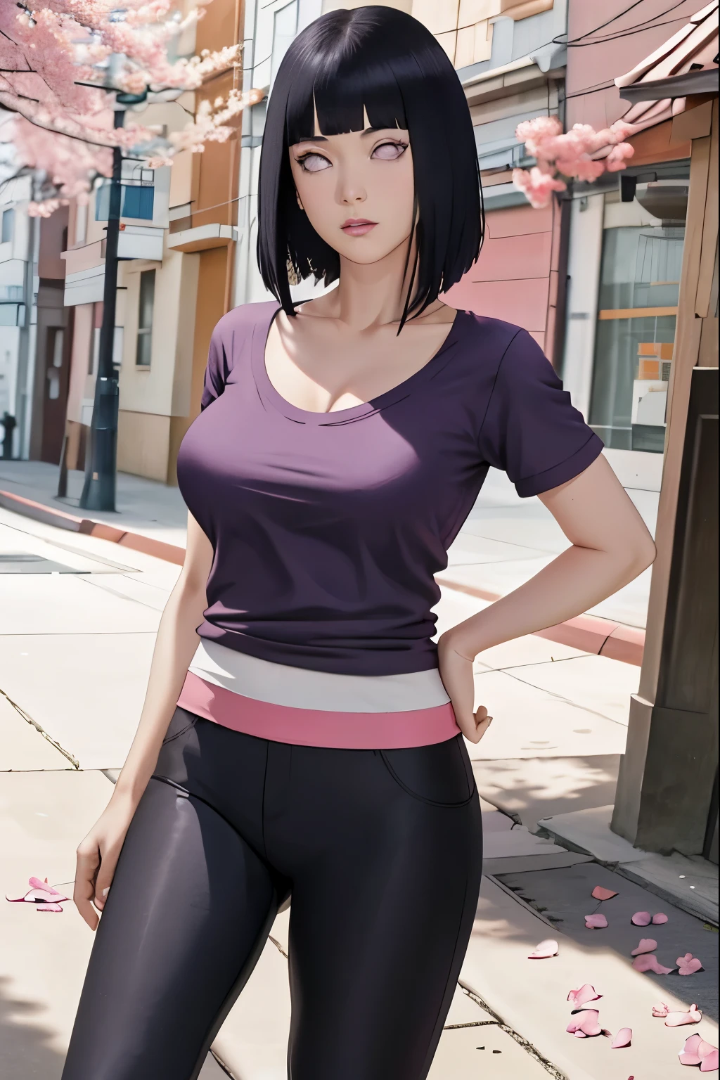 masterpiece, absurdres, hinata\(boruto\), 1girl, solo,mature female, tight t-shirt vneck, cleavage, legging, yoga pants, looking at viewer, (falling petals), perfect composition, detailed lips, big breast, beautiful face, body propotion, blush, (pink lips), long hair, purple eyes, soft gaze, super realistic, detailed, photoshoot, realistic face and body,