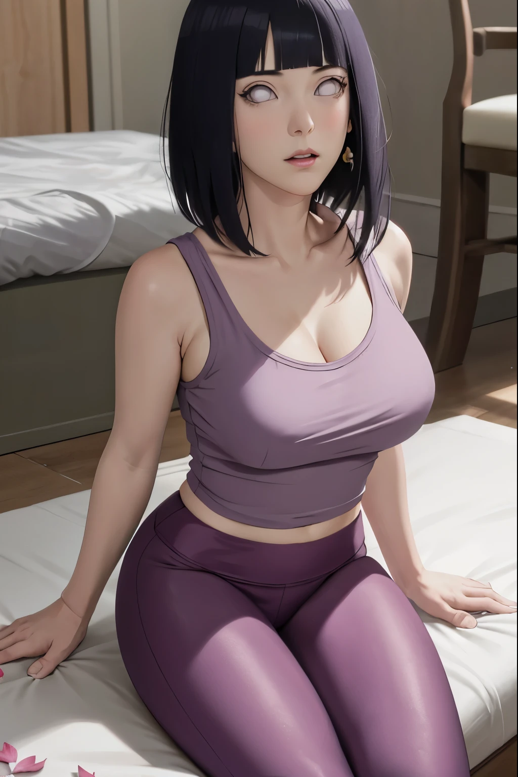 masterpiece, absurdres, hinata\(boruto\), 1girl, solo,mature female, tight t-shirt vneck, cleavage, legging, yoga pants, looking at viewer, (falling petals), perfect composition, detailed lips, big breast, beautiful face, body propotion, blush, (pink lips), long hair,  purple eyes,  soft gaze,  super realistic, detailed, photoshoot, realistic face and body,