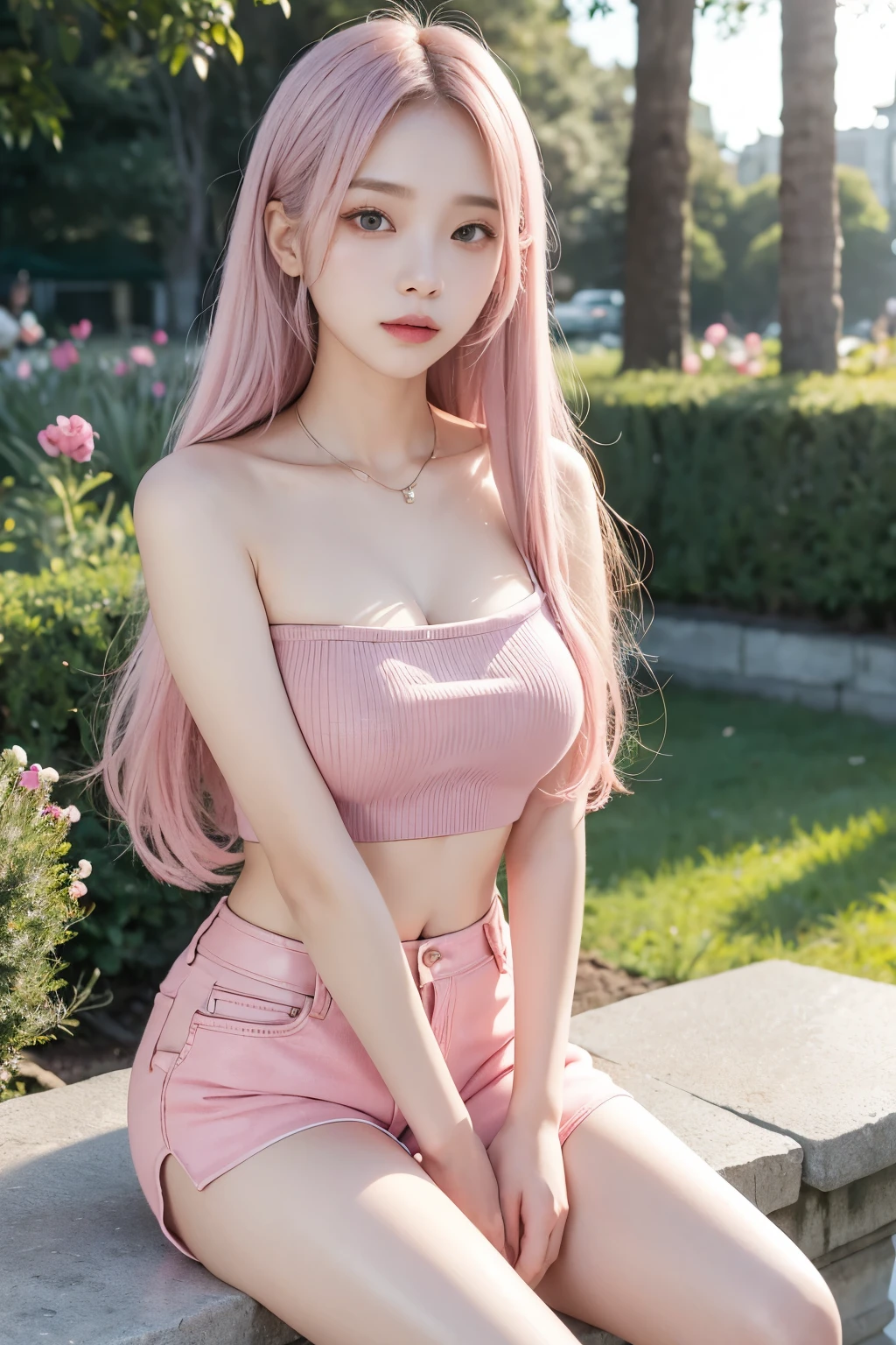 Korean girl looks like 4D painting, blushing face, long straight middle parting hair, pink silver hair, ideal tits, tube top, sweater as outerwear, short pants, sitting, park background, vibrant colours, gentle light, studio light, dim light, 3D animation