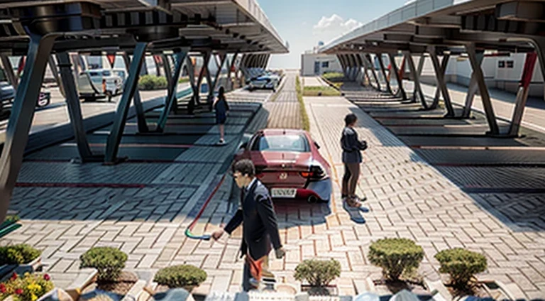 Two men driving a car in the parking lot., conceptual Diding, Diding, Scene graph, conceptual, detail Did, photo Did, Downtown Solarpunk Utopia, in future airport rooftop, transportation design Did, webdesign icon for solar carport, Did, digital Did, lifelike&Quote;, lifelike&Quote;, ground perspective; detailed, Concept works, future technology, best quality,4k,8k,high resolution,masterpiece:1.2),Super detailed,(lifelike,lifelike,lifelike:1.37)