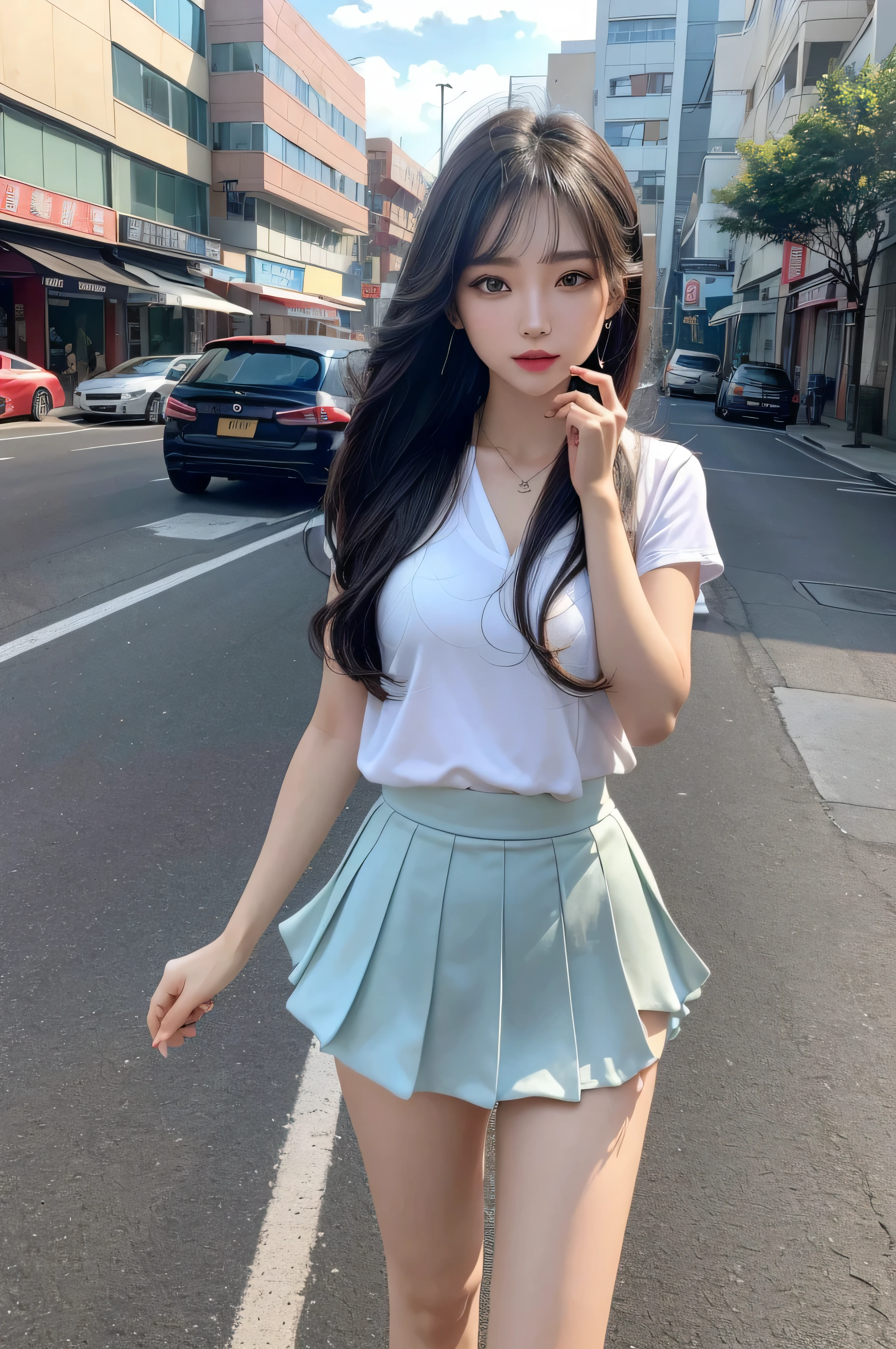 (quality),8k,(masterpiece:1.3),(1 girl:1.3),(In Minaof name),美丽of韩国女孩, kpop idol,美丽of女人与完美of身材:1.4, Slim abs:1.2, ((layered hairstyle, 巨大of山雀:1.2)), ((view viewer)),(灿烂of笑容:1.3),(伟大of阿萨),实际of,high resolution,高度详细of面部和皮肤纹理,逼真of脸,original photo,((漂亮of脸蛋:1.5)),(美丽of女人:1.4),Perfect body example,,((超级细致of脸部)),Attention to detail,double eyelids,Eyeshadow strengthening,Attention to detail,professional lighting,灯Optics,Focus sharp,((sporty style)),((Optics, 鲜艳of色彩、合身of T 恤,short skirt,((Lively,积极of,活泼of大腿)),(of:1.3),Ultra-thin sports bar,hip-covering skirt,There are on the street