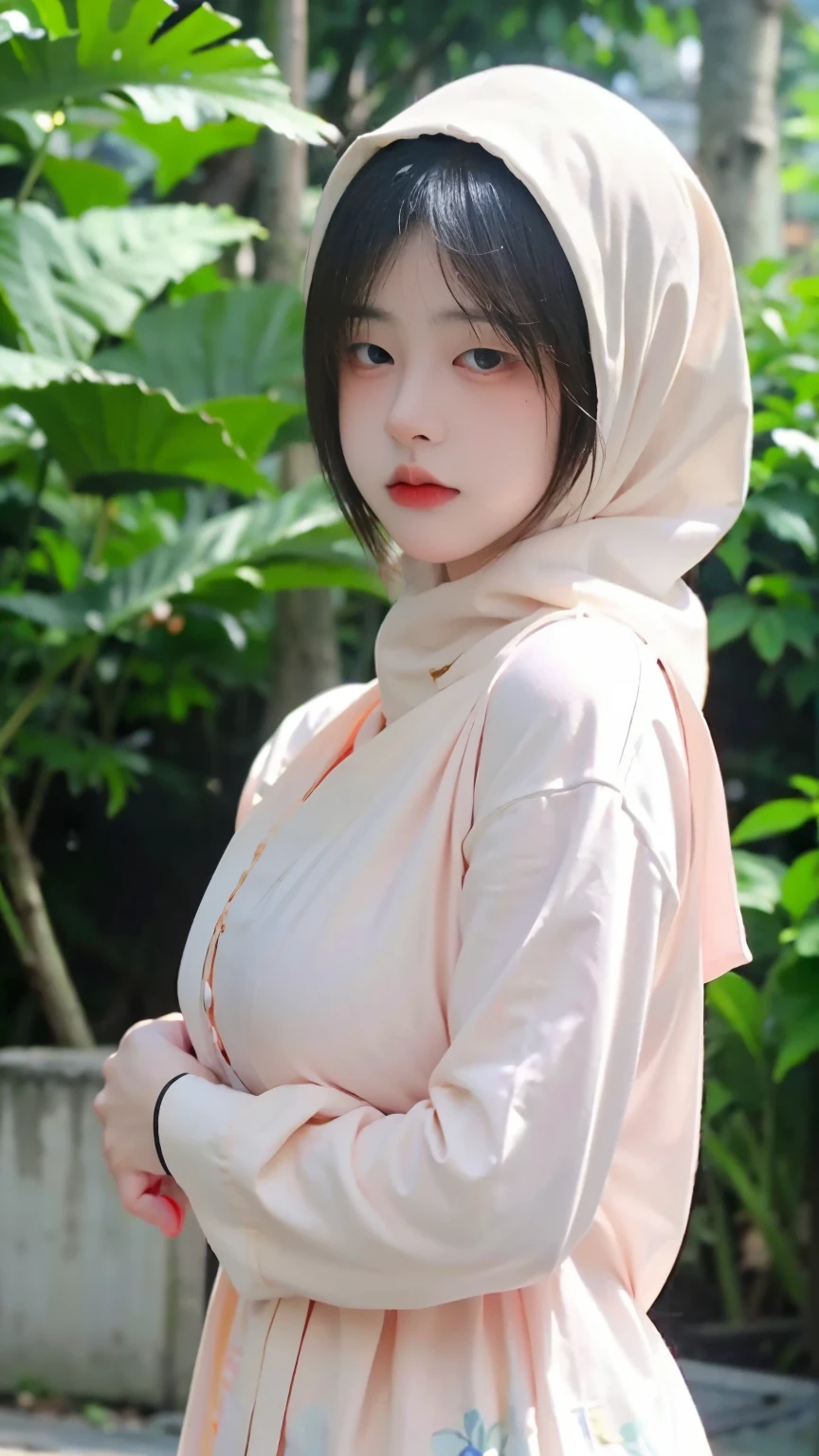 modern plain hijab, shy, full body, watery eyes ,droopy eyes, watery, lip glossy, sad face, ((big breast)), wearing balinese kebaya, flower garden background, bokeh background, proportional body, mid shot