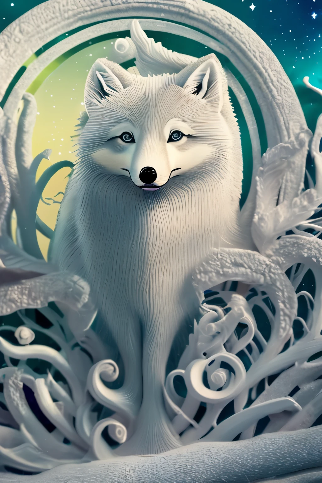 best quality, 32k, RAW photo, incredibly absurdres, extremely detailed, delicate texture, dignified and cute iridescent long-haired arctic fox divine beast, fantastic, mysterious, background rainbow-colored aurora, snow field, midnight sun