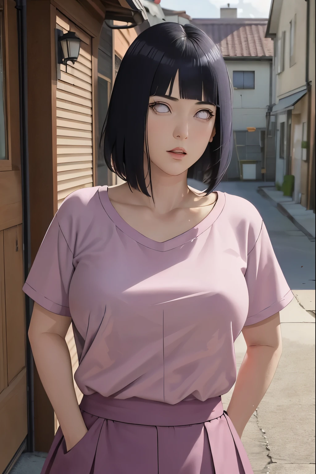 masterpiece, absurdres, hinata\(boruto\), 1girl, solo,mature female, tight t-shirt vneck, high waist short skirt, looking at viewer, (falling petals), perfect composition, detailed lips, big breast, beautiful face, body propotion, blush, (pink lips), long hair,  purple eyes,  soft gaze,  super realistic, detailed, photoshoot, realistic face and body,