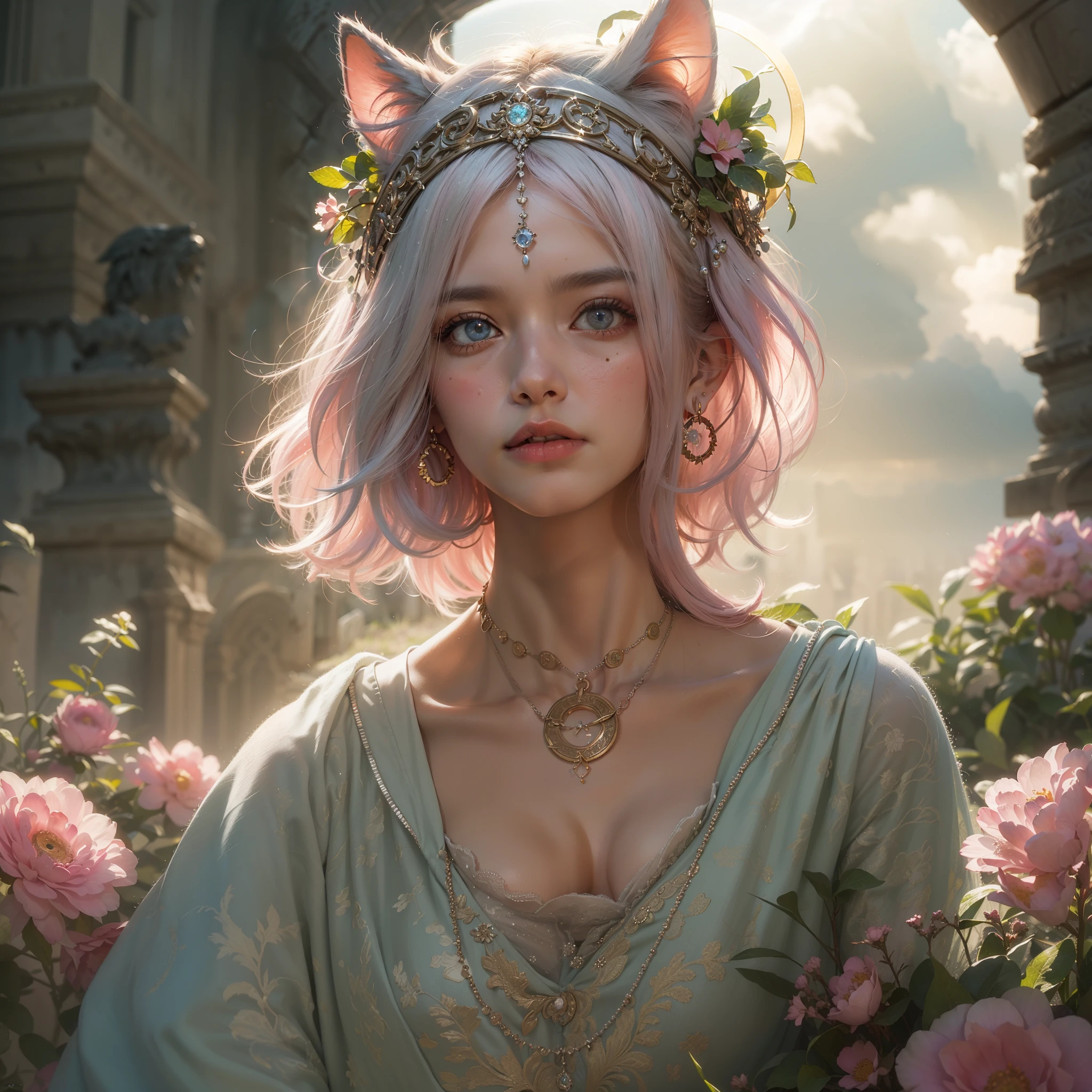 ((cat ears on head)), (award-winning masterpieces galore, incredibly detailed, textured and maximally detailed), (hyper realistic: 1.4), (realistic: 1.3), (top quality realistic textured skin), (dense perfect circle, symmetrically beautifully rendered(angelic light, circle of divine radiance, overhead: 1.8), ((medieval world)), (beautiful gentle eyes), (love the sky with beautiful colored eyes and wonderful cloud mass), (halo optical phenomenon: 1.3), (dramatic light), (wonderful scenery), (verybeautiful expression), , flower earrings in her ears, (((dramatic photo))), (twilight), (sunset), (dusk), ((sacred pose)), (silver hair), (pink hair), (chestnut hair)), flower garden, (elaborate necklace around her neck), old ruins infested with plants, great temple, greatcathedral, ruins of a temple, remote temple, (glowing magic circle), ruins of an ancient castle, desolate ruins, crumbling ruins, ancient ruins with clear water, holy light, epic realistic, ((neutral color)), (HDR:1.5), (subdued color:1.2), highly detailed, cinematic, warmLight, Dramatic light, (Complex details:1.1), Complex background, Petals, Pastel colors
