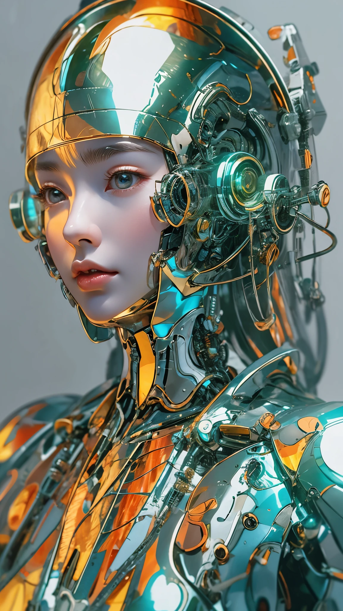 a image of a woman wearing colorful robot tech, in the style of free-flowing surrealism, shiny/glossy, precise and lifelike, hard surface modeling, precisionist lines, light silver and azure, engineering/construction and design