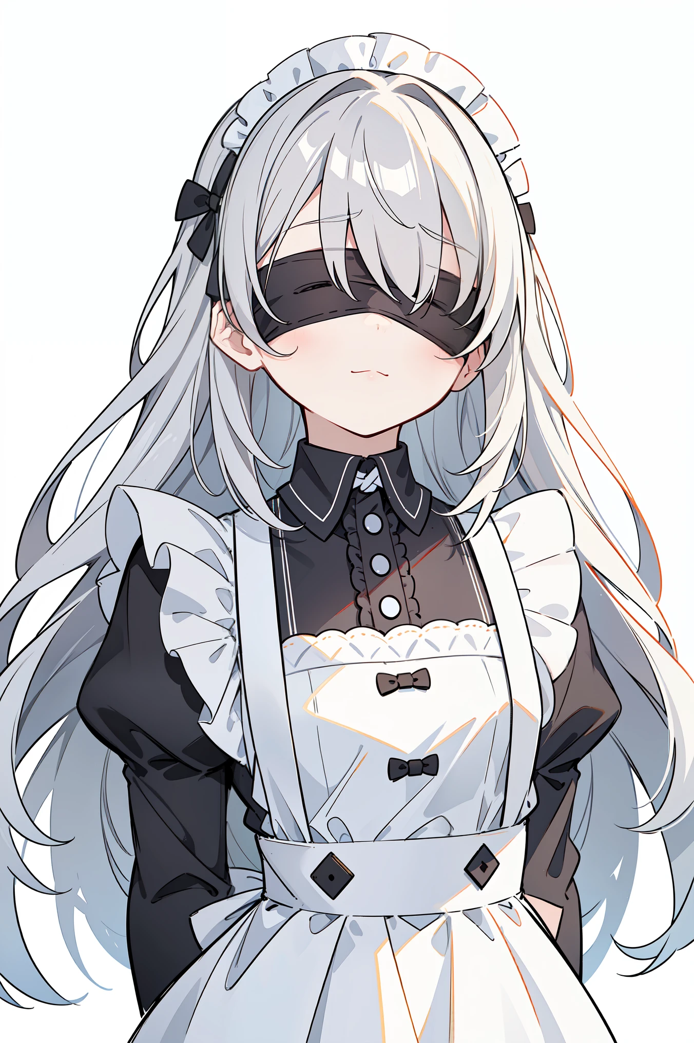 (masterpiece, best quality, ultra high quality, by quan, sketch:1.1), ((portrait)), 1girl, solo, human girl, young with long hair, very long hair, gray hair, straight hair, blunt bangs, hair between eyes, (blindfold, covered both eyes:1.2), small breasts, flat chest, neutral, innexpressive, small smile, :<, wearing a victorian white dress, maid, maid dress, white apron, long dress skirt, leggings, black pantyhose, upper body, standing, hands behind back, isometric lightning, white background, simple background