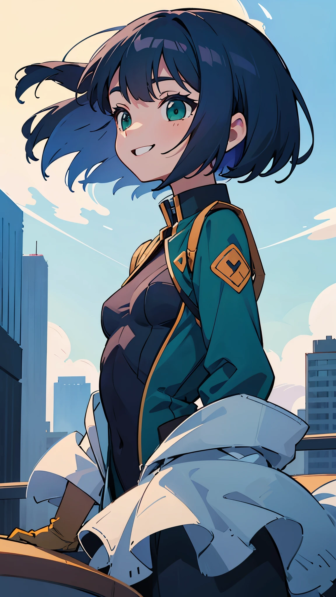 lively girl、small breasts、riders jacket、dark blue hair、bob hair、green round eyes、From the side、gloves、bright smile、skyscraper、rooftop、Blowin' in the wind、blue sky、upper body close-up、sharp outline