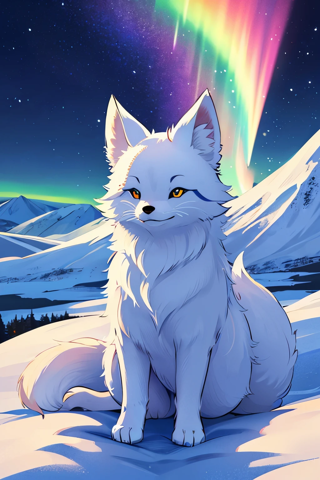 best quality, 32k, RAW photo, incredibly absurdres, extremely detailed, delicate texture, dignified and cute iridescent long-haired arctic fox divine beast, fantastic, mysterious, background rainbow-colored aurora, snow field, midnight sun