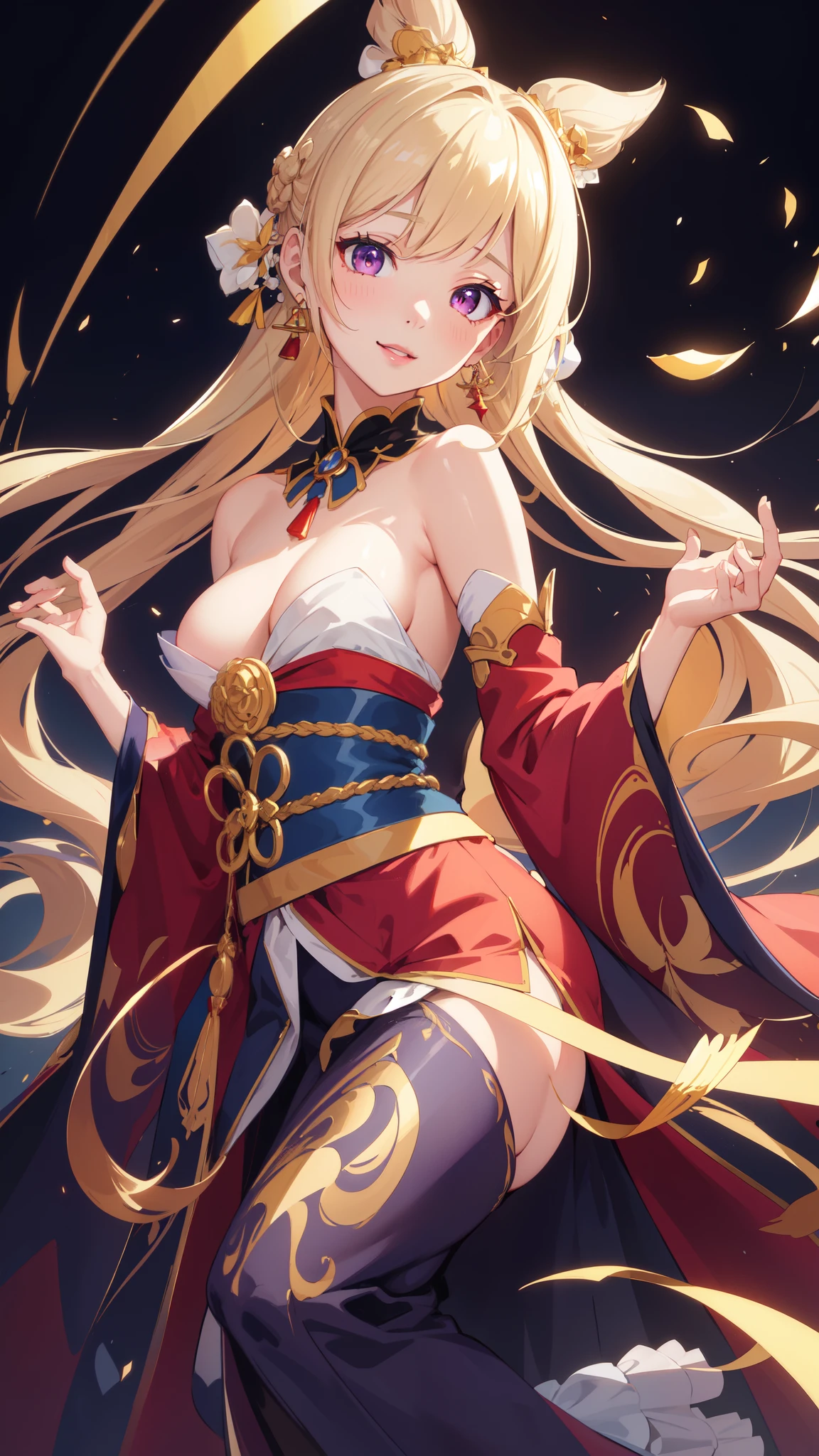 actual, (masterpiece, 4k, 8k, Overhiring, Extremely detailed, illusory, high resolution, Super detailed, best quality, 超high resolution, visually stunning, beautiful, award-winning art, best quality, stunningly beautiful:1.2), Detached sleeves, bare shoulders, long hair, kimono, hair accessories, jewelry, purple eyes, earrings, Detailed face, ribbon_prune, long sleeves, Smile, thick lips, (extremely detailed background:1.4), whole body, (Made of bright colors:1.1), (Abstract:1.4), delicate eyes, (light:1.4), NavyHair, (Wide-angle lens:1.2)