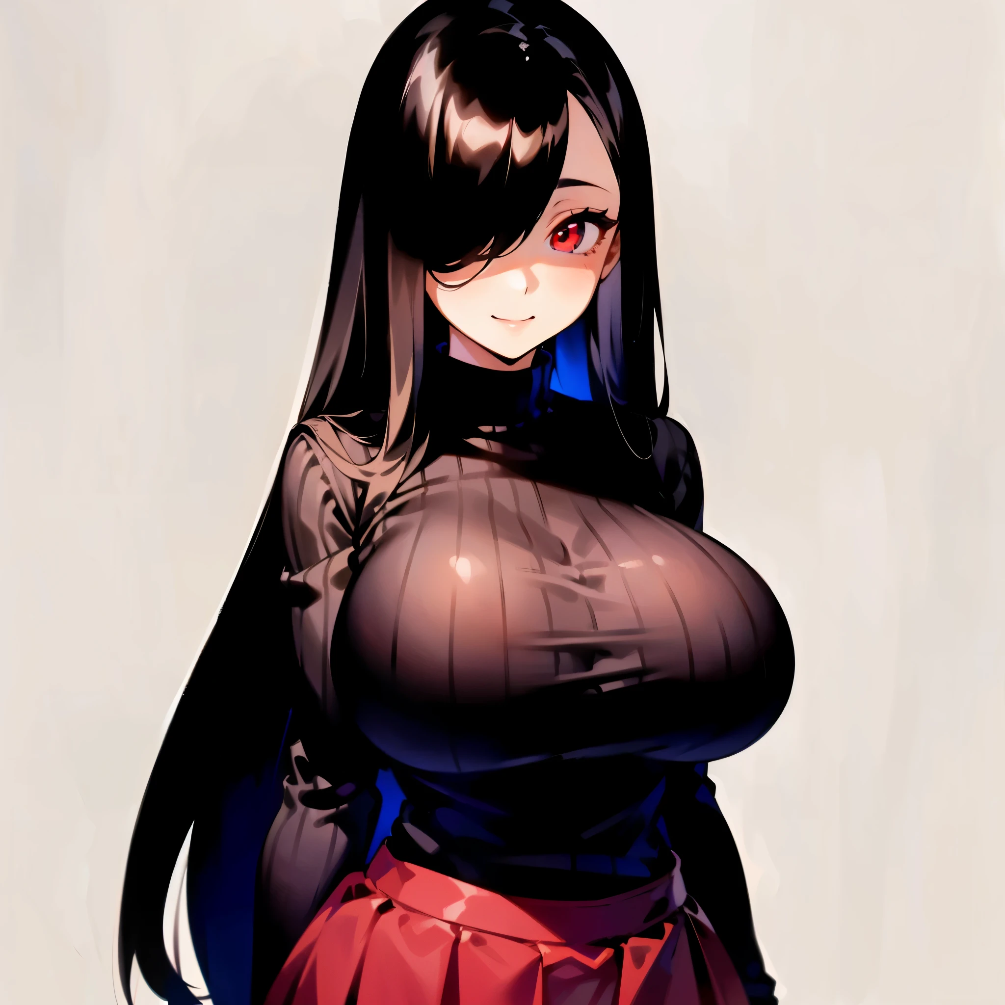 1girl, long straight black hair, red eyes, hair over one eye, huge breast, wide hips, black ribbed sweater, blush, smile, solo, ((best quality)), ((masterpiece)), portrait, simple background, looking at the camera, from the front, ((detailed)), ((perfect anatomy)), ((detailed art)), ((high definition)), ((4k)), ((high resolution))