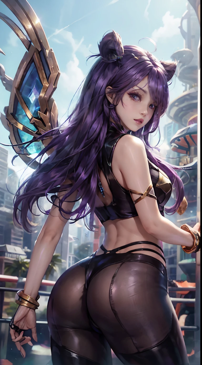 1 girl, caesar, League of Legends, buckwheat porridge, Keda, purple wings, dark purple hair, purple eyes, Serious expression, intense glare, looking at the audience, from behind, (dynamic poses), (Wings of the Void), arms, masterpiece,