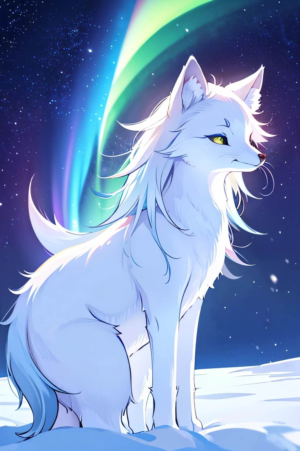 best quality, 32k, RAW photo, incredibly absurdres, extremely detailed, delicate texture, dignified and cute iridescent long-haired arctic fox divine beast, fantastic, mysterious, background rainbow-colored aurora, snow field, midnight sun
