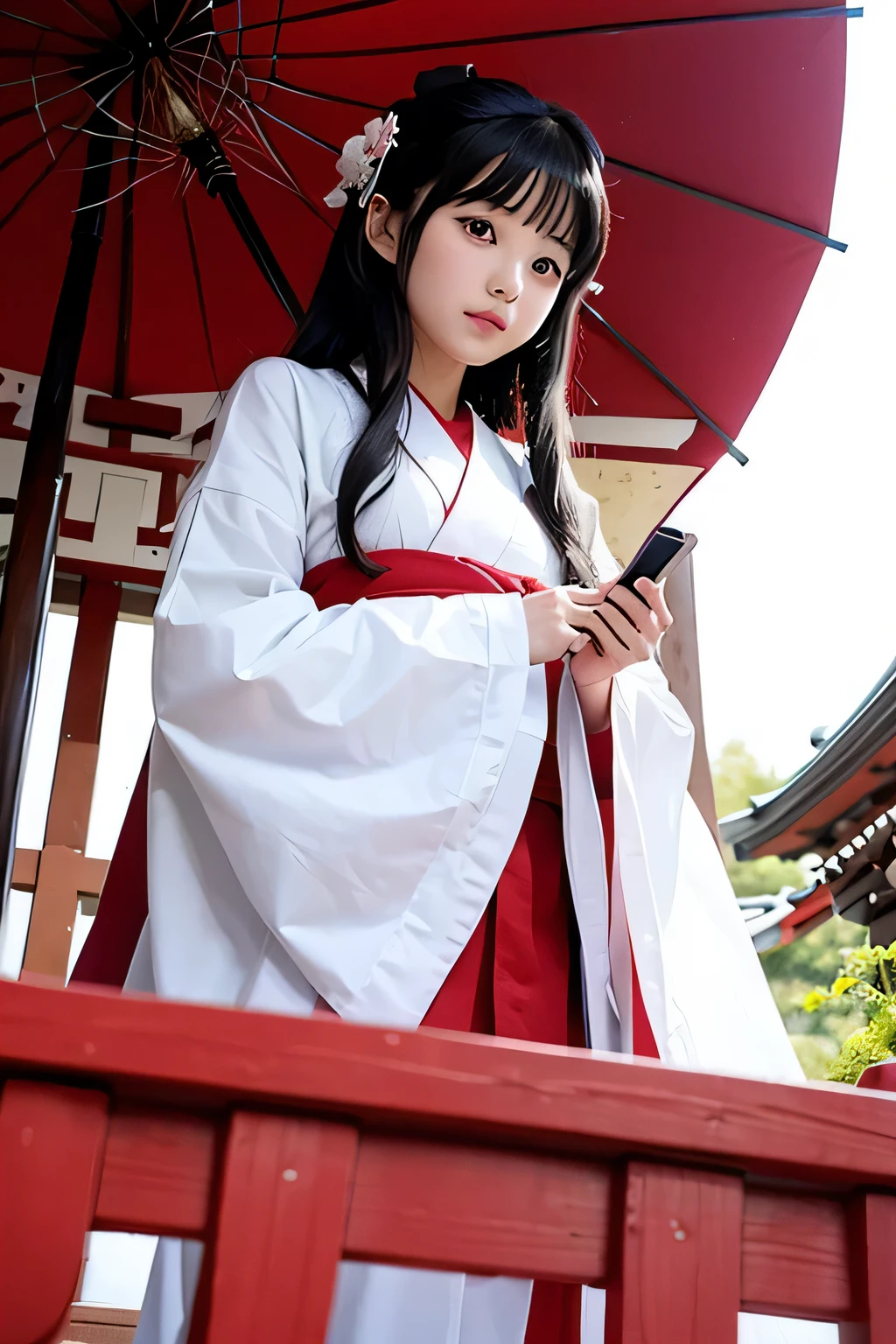 white and red shrine maiden clothes、Adult Beautiful Priestess、Black Hair Upstyle、((whole body))、(((photo taken from below)))、shrine