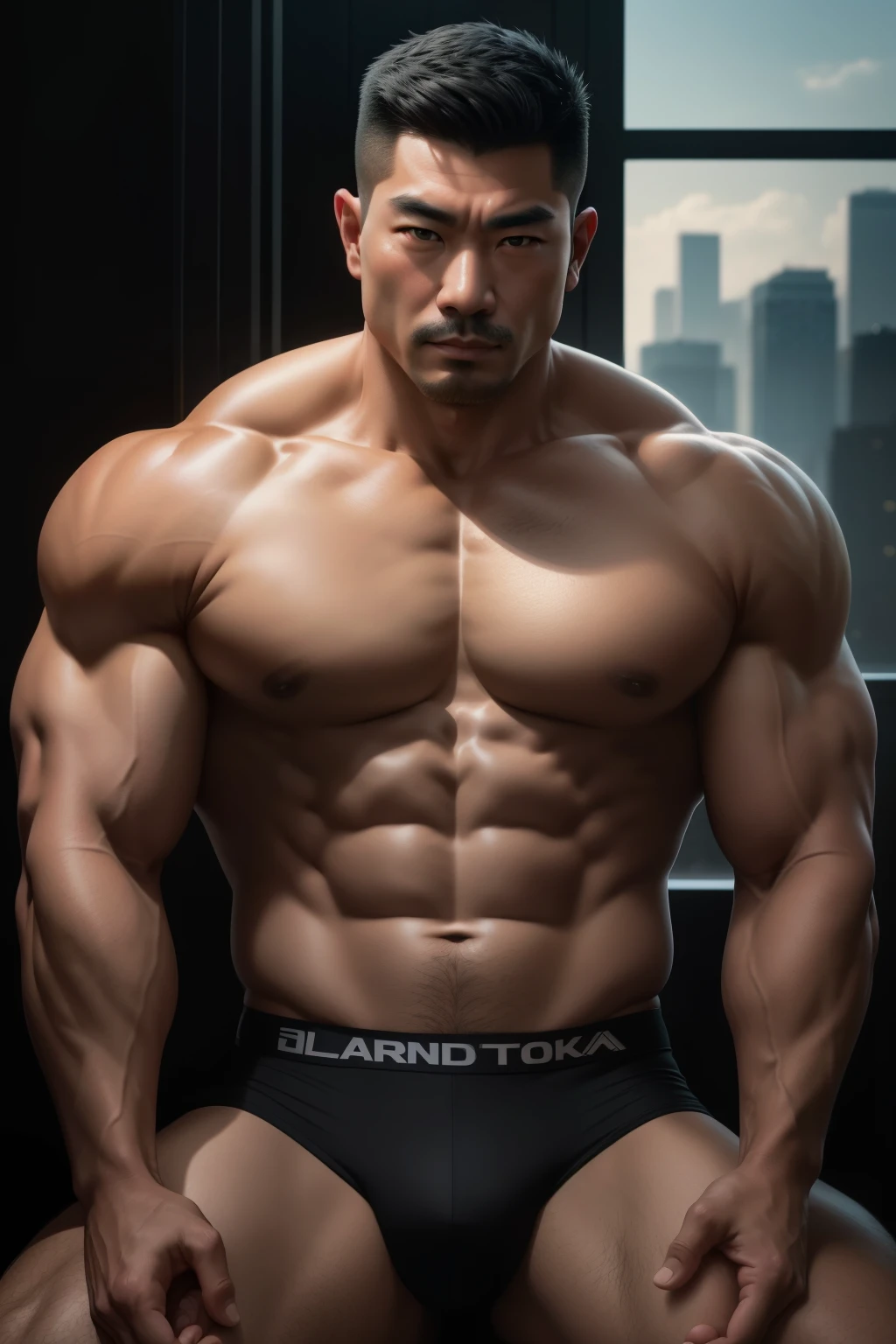 An intricately detailed portrait of a muscular Asian man, aged in his late thirties, with a generous layer of subcutaneous fat, sitting casually with one leg wide open to reveal semi-transparent black long socks. His broad chest is covered in thick dark hair, and his deep-set eyes squint into a scowl. With a hint of a mustache framing his lips, he exudes a sense of raw power and strength. This masterpiece, reminiscent of Wensheng picture prompt words, is rendered in high definition, with vibrant colors and sharp focus that bring every detail to life. The image is inspired by the isometric style and outlines the man's form in bold
