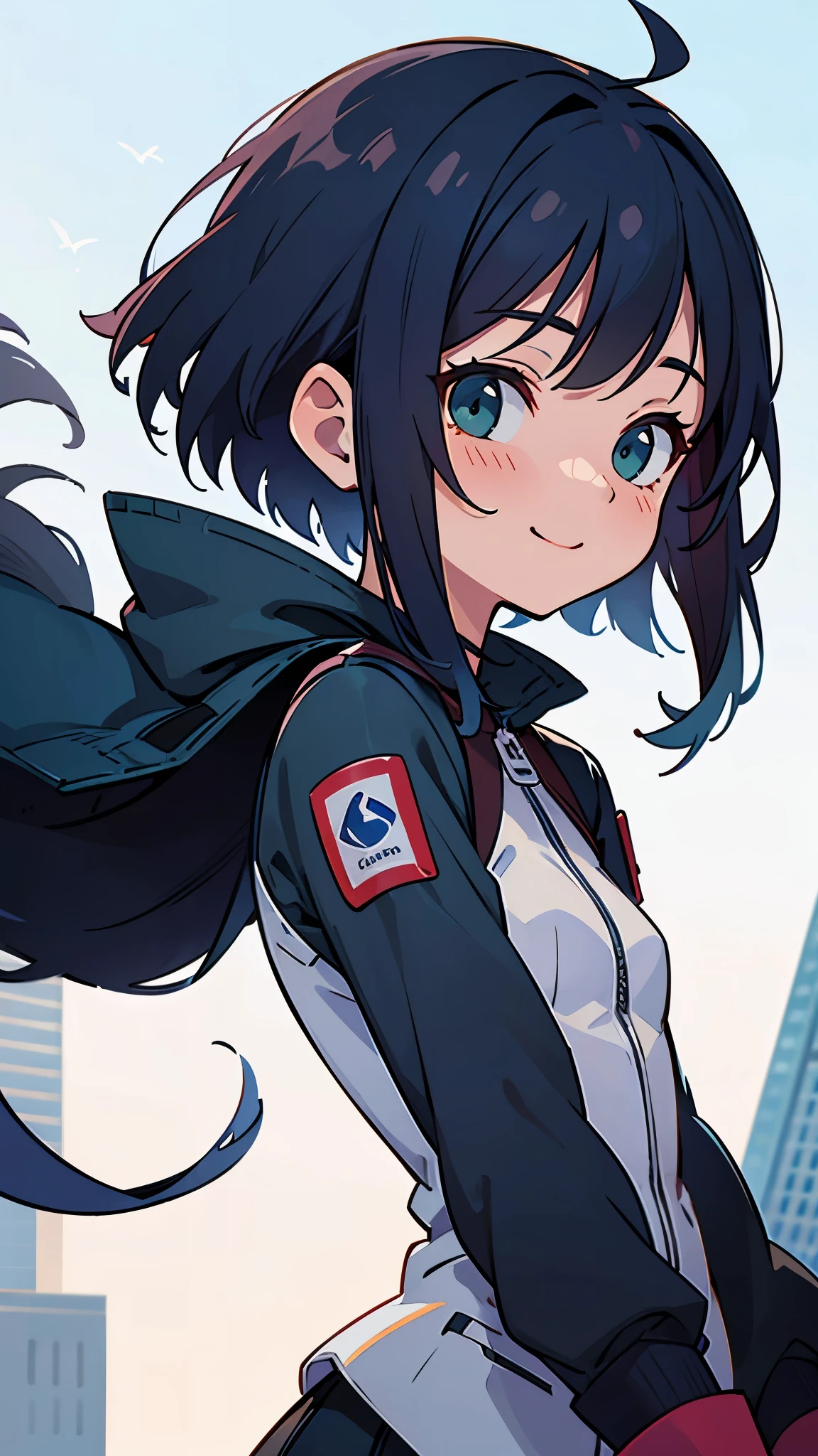 lively girl、small breasts、riders jacket、dark blue hair、bob hair、green round eyes、From the side、gloves、bright smile、skyscraper、rooftop、Blowin' in the wind、blue sky、upper body close-up、sharp outline