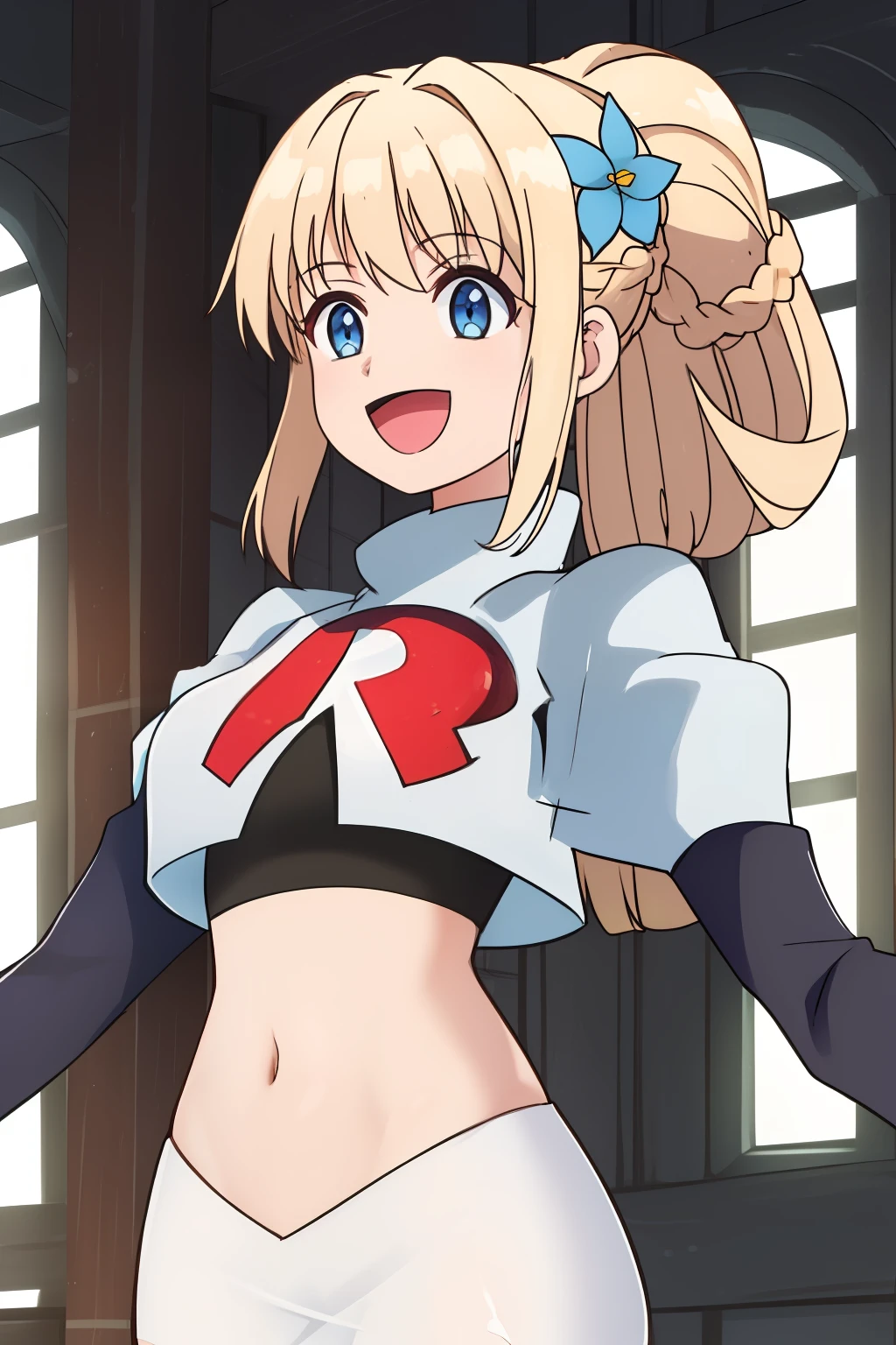 luna, 1girl, solo, long_hair, smile, open_mouth, bangs, blue_eyes, blonde_hair, hair_ornament, ponytail, braid, flower, :d, hair_flower, blue_flower, team rocket,team rocket uniform, red letter R, white skirt,white crop top,black thigh-highs ,black elbow gloves