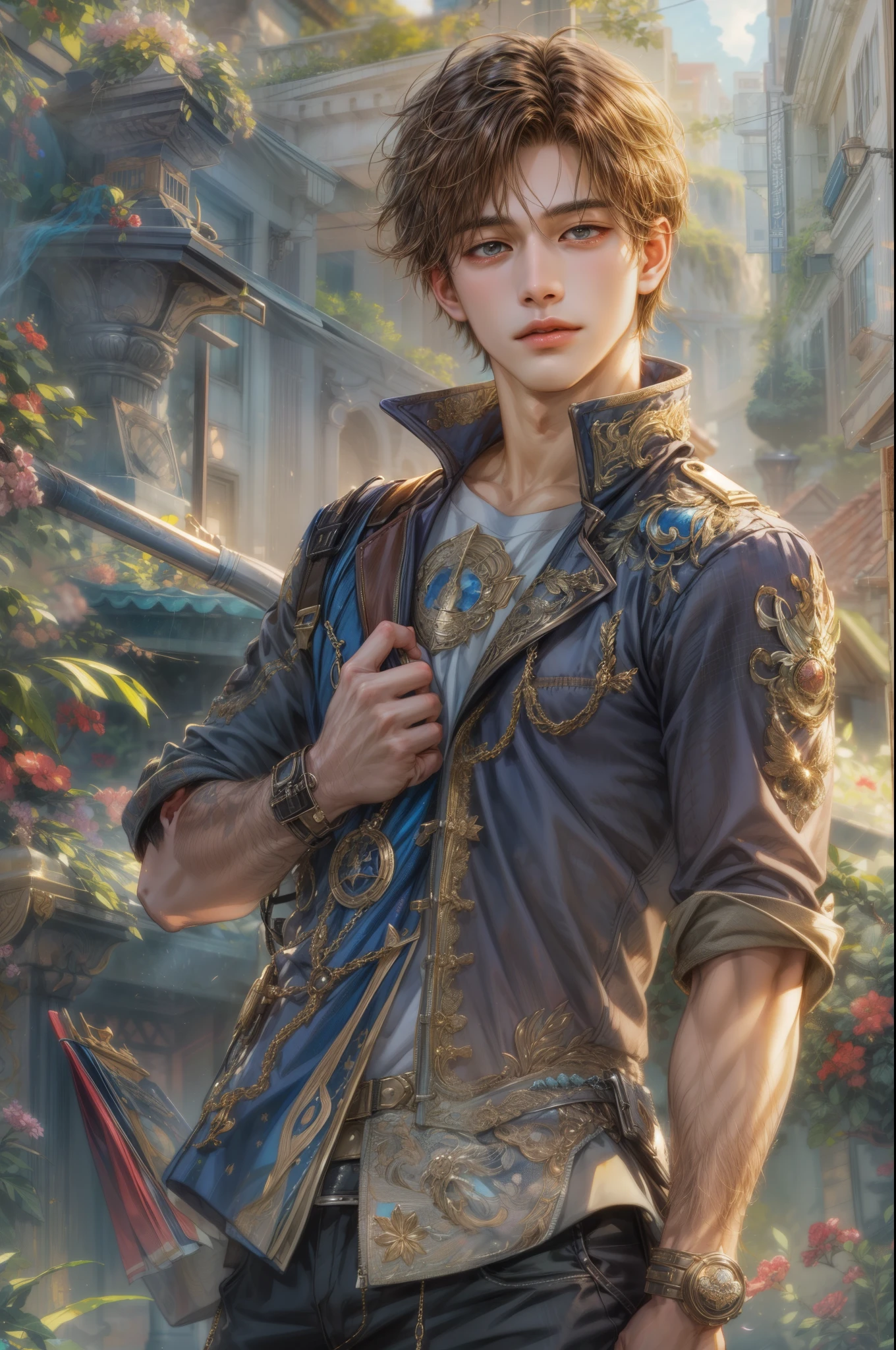 masterpiece, best quality, half body shot of a boy, young handsome boy, character from Marvel, detailed face, face focus, anime eyes, detailed scenery bg