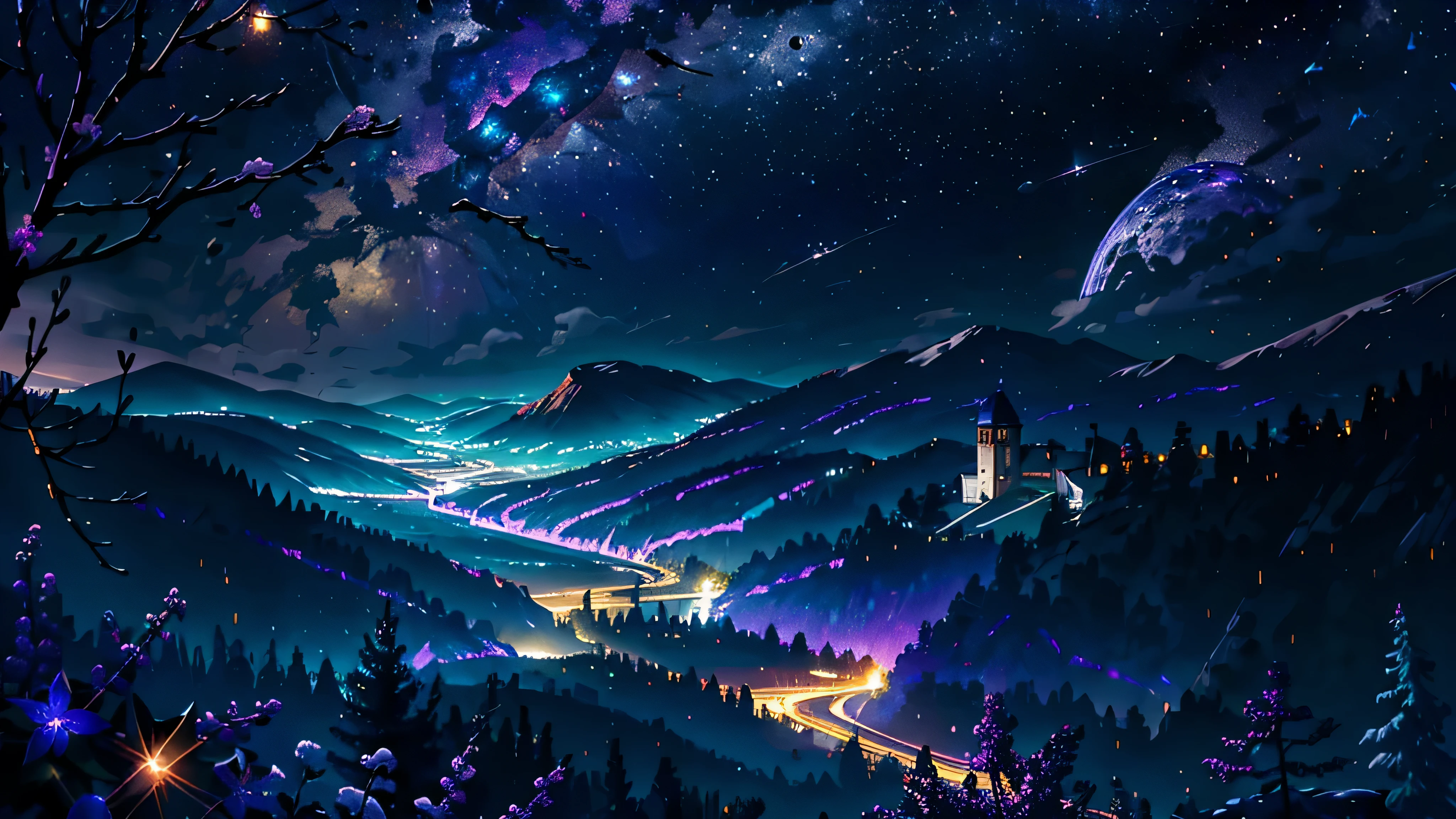vaste photographie de paysage, (vue d&#39;en bas avec vue sur le ciel et la nature sauvage en contrebas),  avocat debout levant les yeux, (pleine lune: 1.2), (shooting star: 0.9), (nebula: 1.3), montagne lointaine, art de production arbre BREAK, (Source de lumière chaude: 1.2), (Luciole: 1.2), lampe, violet et orange, complex detail, BREAK volumetric lighting (chef-d&#39;Ouvrages d&#39;art: 1.2), (la plus haute qualité ), 4K, ultra-detailed, (Configuration dynamique: 1.4), Very detailed and colorful details (iridescent: 1.2), (Sparkling lighting, lighting&#39;ambiance), dreamer, magique, (seulement: 1.2), feuilles en papier volant dans le ciel 