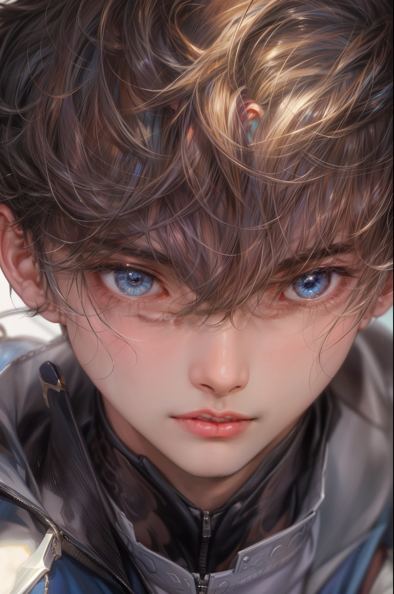 masterpiece, best quality, half body shot of a boy, young handsome boy, character from Marvel, detailed face, face focus, anime eyes, detailed scenery bg