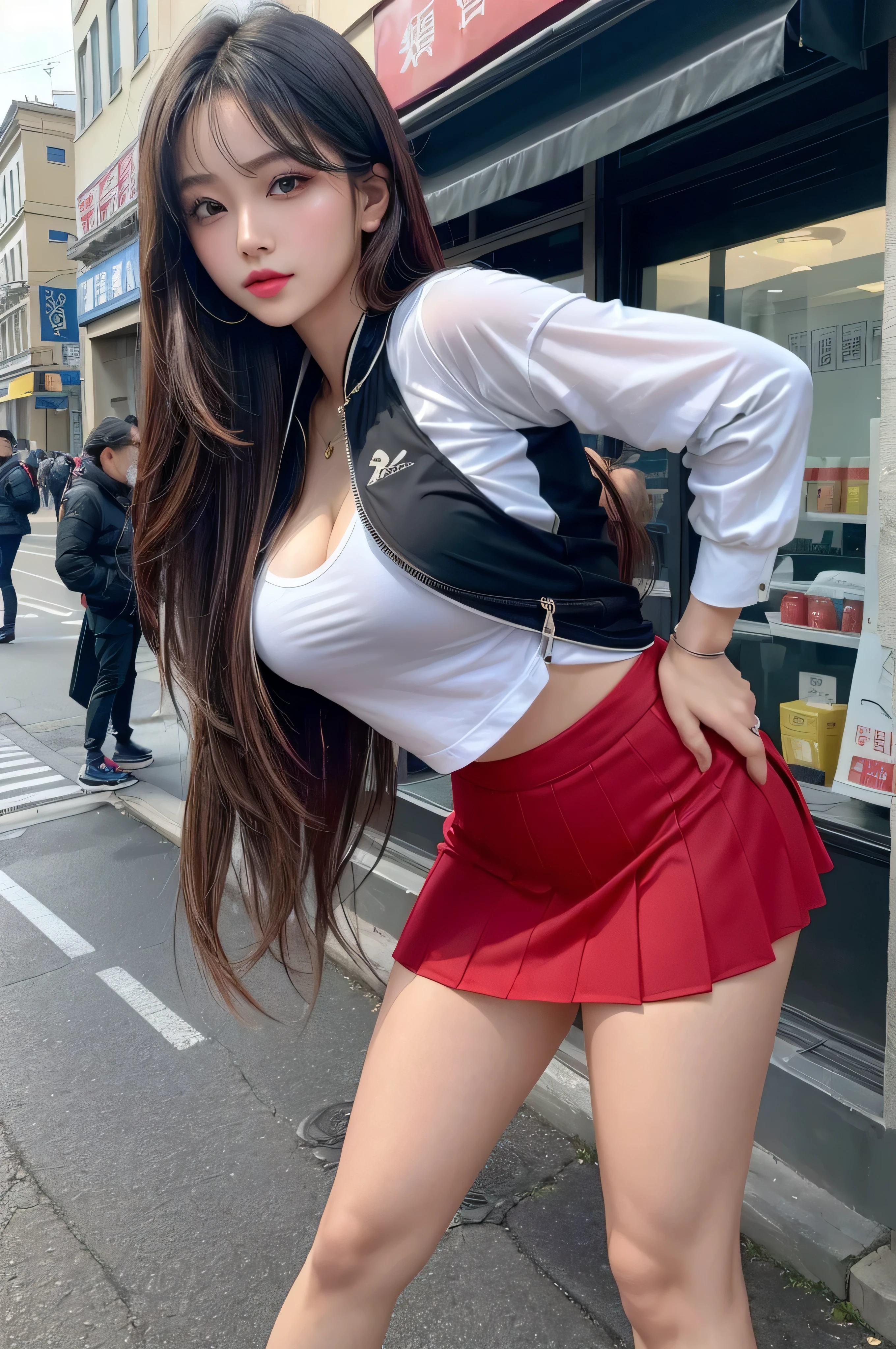 (quality),8k,(masterpiece:1.3),(1 girl:1.3),(in the name of mina),美丽of韩国女孩, kpop idol,美丽of女人与完美of身材:1.4,(Vest line,肌肉发达of手:1.2),((layered hairstyle, medium breasts:1.2)), ((view viewer)),(灿烂of笑容:1.3),(big ass),实际of,high resolution,高度详细of面部和皮肤纹理,现实of脸,original photo,((漂亮of脸蛋:1.5)),(美丽of女人:1.4),Perfect body example,,((The facial details are very rich)),Attention to detail,double eyelids,eye shadow enhancement,Attention to detail,professional lighting,灯Optics,锐利of焦点,((sporty style)),((Optics, 鲜艳of色彩、合身of T 恤,short skirt,((Lively,积极of,Livelyof大腿)),(of:1.3),Ultra-thin sports bar,hip-covering skirt,There are on the street,