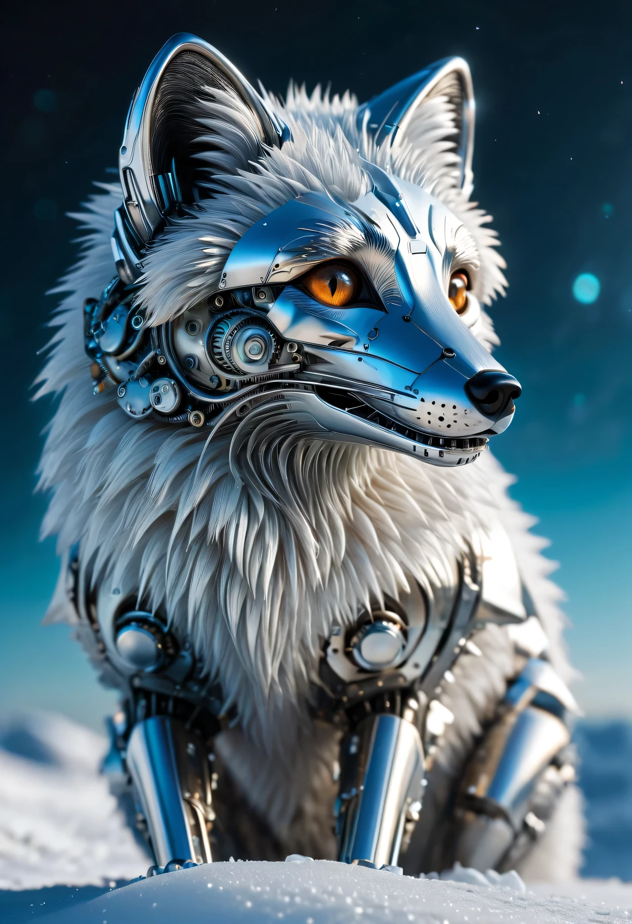 Digital artwork using liquid metal technology，Depicting an arctic fox on the run，The texture of white gold flows and blends，Capture the reflection of sunlight，Create a feeling