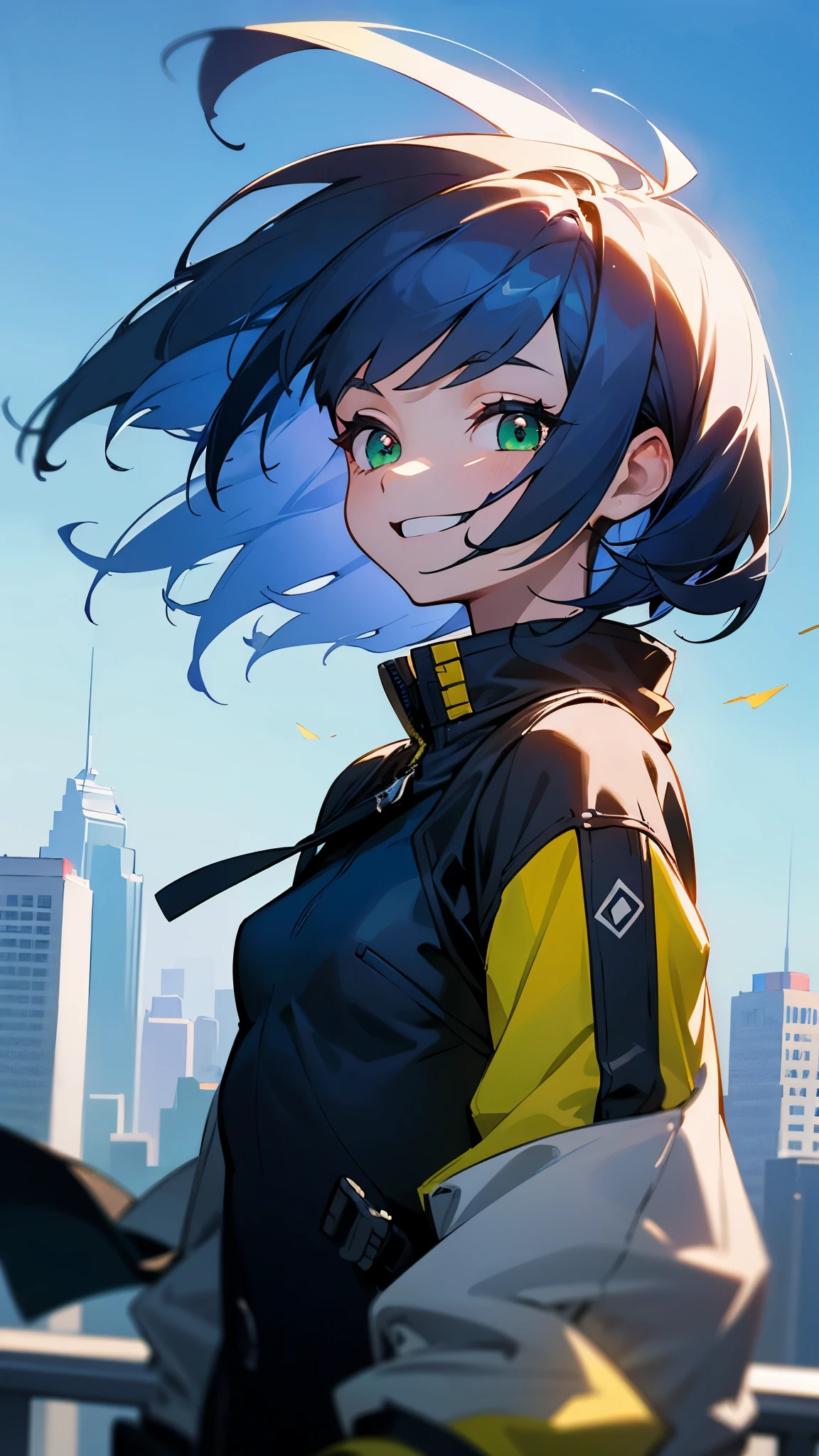 Cheerful girl、Small breasts、Riders jacket、Dark blue hair、Bob Hair、Green round eyes、From the side、gloves、Bright smile、Skyscraper、rooftop、Blowing in the Wind、blue sky、Upper body close-up、Sharp contours