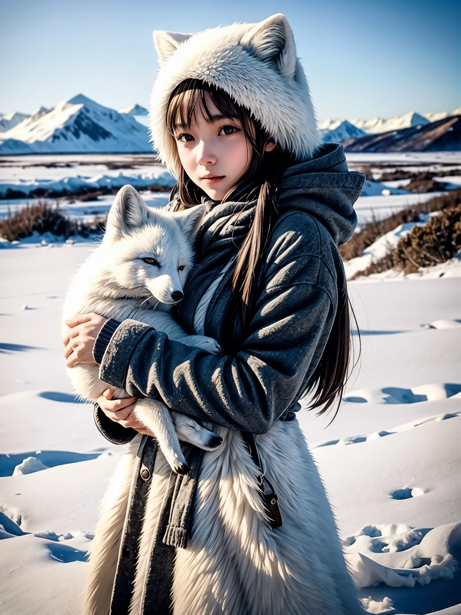 A girl holding an arctic fox in her arms, snowy landscape