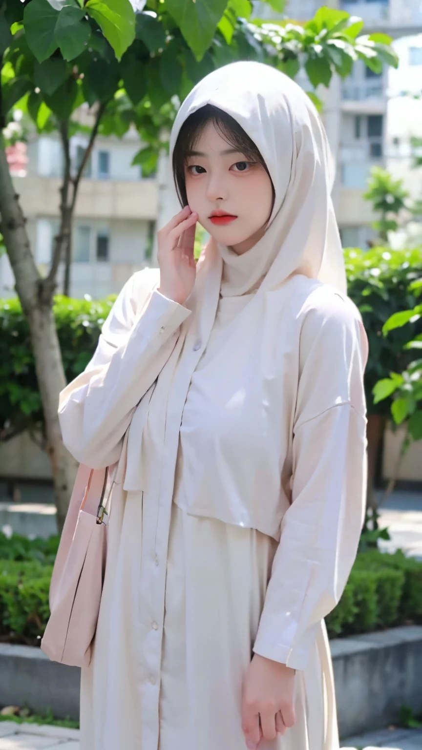 modern plain hijab, shy, full body, watery eyes ,droopy eyes, watery, lip glossy, sad face, ((big breast)), wearing balinese kebaya, flower garden background, bokeh background, proportional body, mid shot, black hijab, in mosque, jilbab, veil