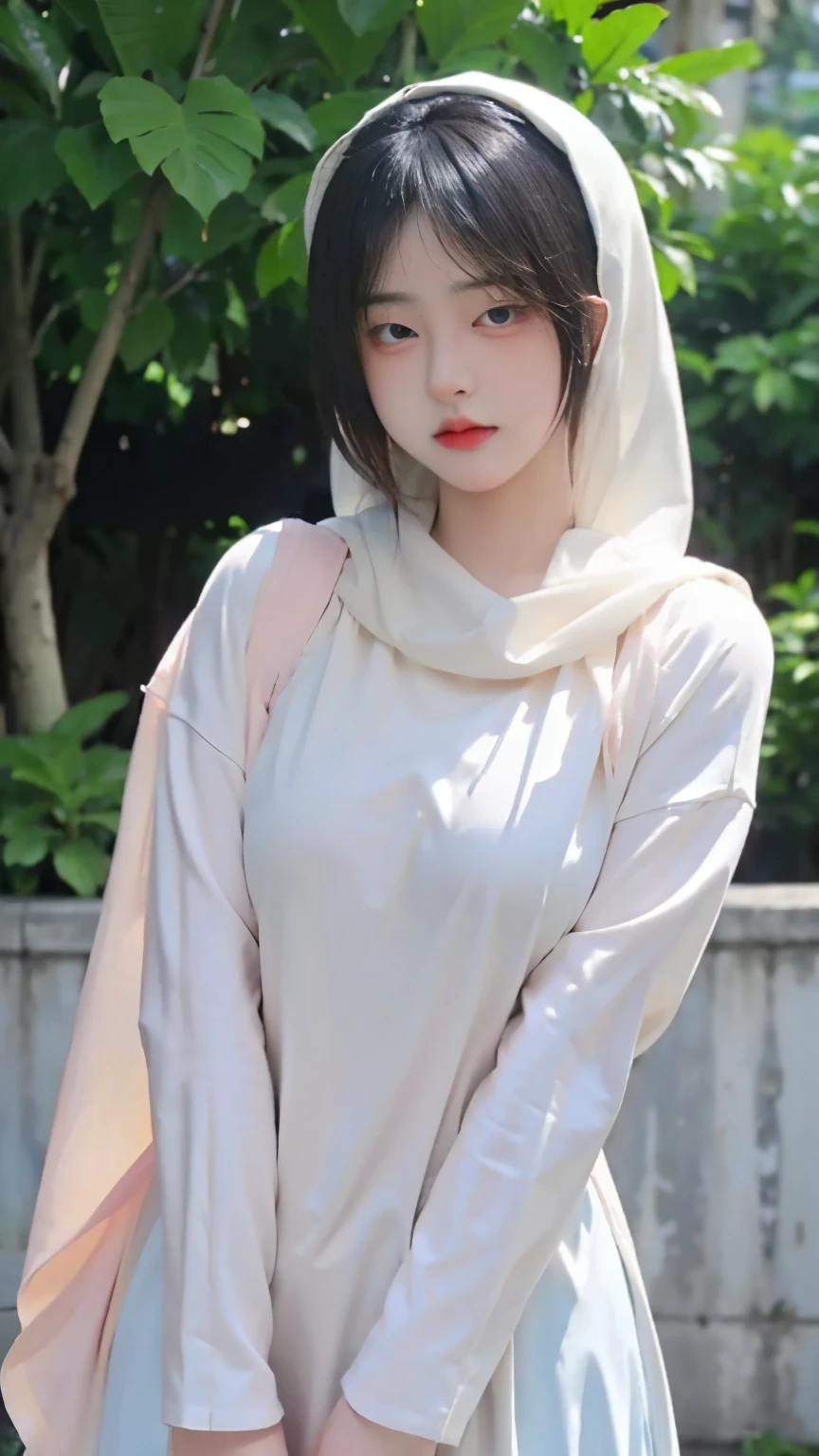 modern plain hijab, shy, full body, watery eyes ,droopy eyes, watery, lip glossy, sad face, ((big breast)), wearing balinese kebaya, flower garden background, bokeh background, proportional body, mid shot, black hijab, in mosque, jilbab, veil