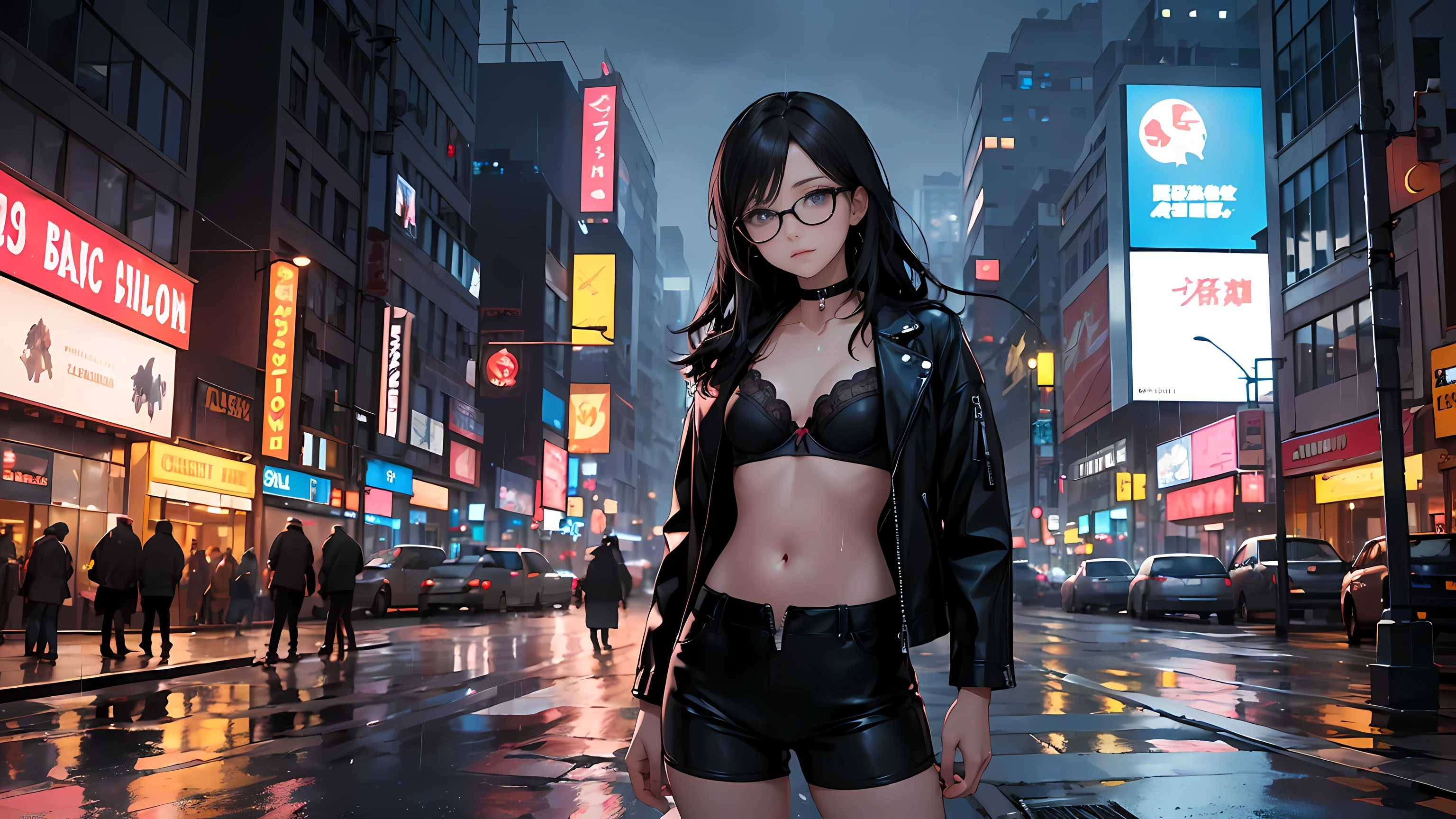 one beautiful girl, detailed beautiful hair, detailed beautiful eyes, long black hair, glasses, small breasts, choker collar, loose unzipped leather jacket, black bra, tight black shorts, standing on sidewalk, evening, nighttime, night, city lights, big city, cyberpunk city, rain, soaking wet, standing, cowboy shot, cinematic lighting, dramatic lighting,