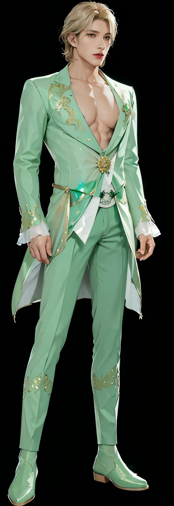 Close-up of a man wearing a green suit and green pants, full body details,Elf Prince, Wear your dreamy formal attire, vergil from devil may cry, Exquisite androgynous prince, ((Wearing noble robes)), Full body close-up, vergil, clear clothing design, Sea green and white dress, official character art, beautiful androgynous prince, Upper body clothing translucent material, full body immersion