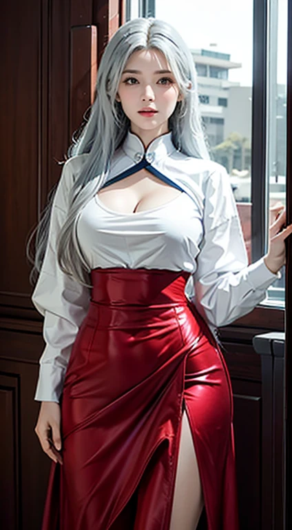 photorealistic, high resolution, soft lights, 1women, solo, hips up, blue eyes, white hair, long hair, blue eyes, red lips, jewelry, kungfu clothes, tattoo, cherry blossom