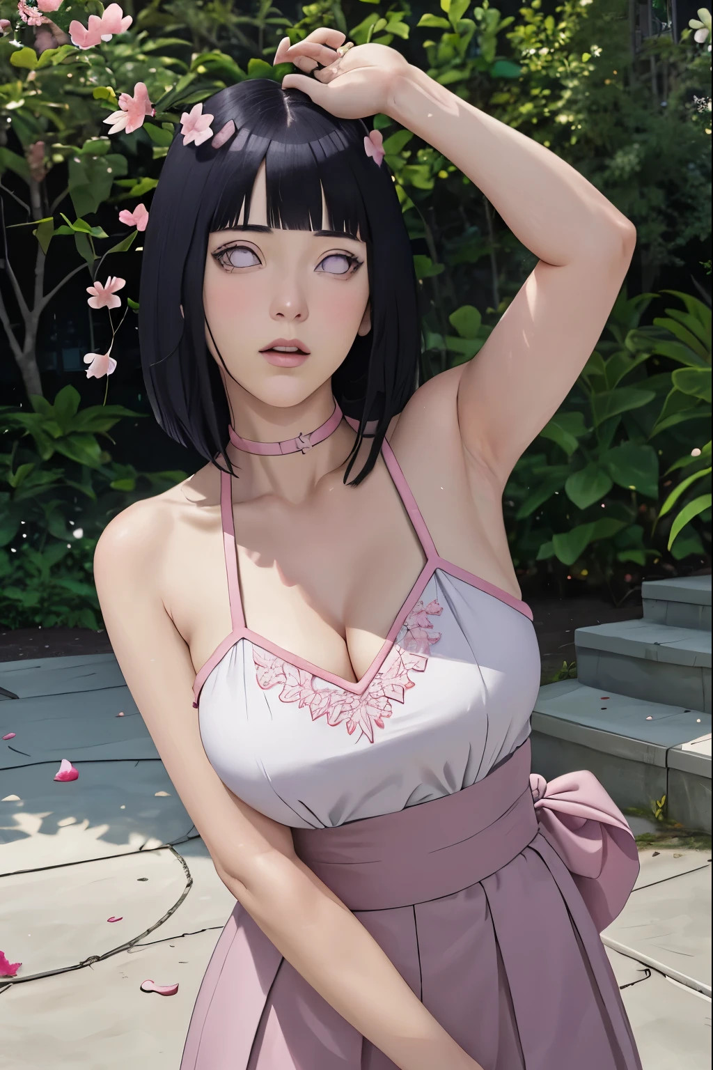 masterpiece, absurdres, hinata\(boruto\), 1girl, solo,mature female, spaghetti strap square neck, high waist short skirt, looking at viewer, (falling petals), perfect composition, detailed lips, big breast, beautiful face, body propotion, blush, (pink lips), long hair, purple eyes, soft gaze, super realistic, detailed, photoshoot, realistic face and body,
