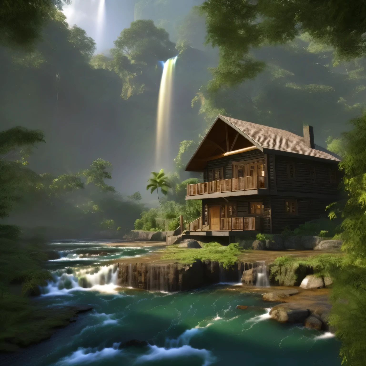 A cozy cabin in a tropical forest with a waterfall in the distance, canal on both sides, ultra realistic, detailed