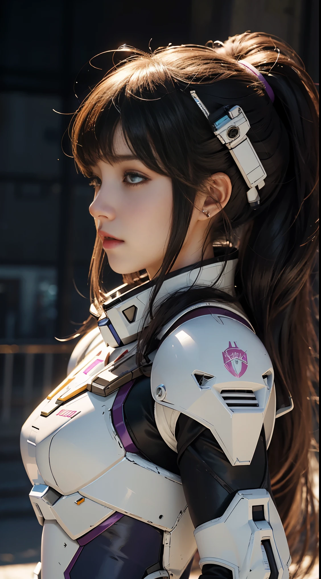 RAW, Masterpiece, Ultra Fine Photo,, Best Quality, Ultra High Resolution, Photorealistic, Sunlight, Full Body Portrait, Stunningly Beautiful,, Dynamic Poses, Delicate Face, Vibrant Eyes, (Side View) a close up of a woman in a pink and white gundam custume, dybamic pose, long brown very very long hair rapunzel, girl in mecha cyber armor, portrait armored astronaut girl, d. va from overwatch, female mecha, on a gundam, gundam head, chiho aoshima color scheme, mobile suit, streamlined purple armor, fully robotic!! girl, realistic cosplay, gundam armor (dynamic pose) (best cameraview)