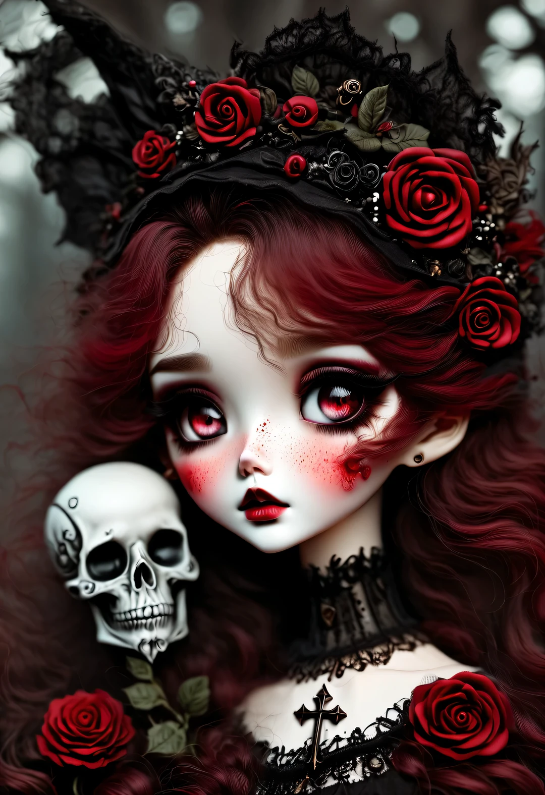 （best quality，masterpiece：1.2，detailed details），Gothic aesthetics暗色调，cross，Rose，strange doll girl,big eyes，dark red hair，small freckles，dark Gothic，steampunk gothic victorian style, dark, engulfed in smoke，hell，magma，flame，（紫色flame：1.3），There is fresh Blood on the ground，Blood pool，dripping Blood，Gothic aesthetics，one、Rose、castle、cross、Blood、cemetery，gothic style的神秘、solemn and profound，gothic style，gothic style蕾丝的衣服、象征浪漫的Rose、grave、吸Blood鬼、witch、ruins、gothic cathedral，Gothic symbols series