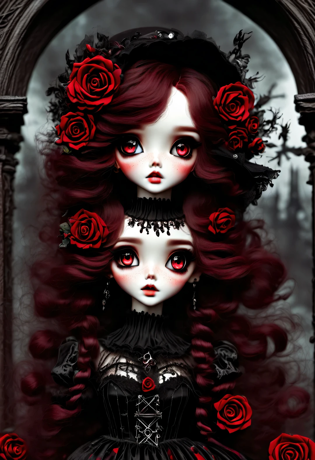 （best quality，masterpiece：1.2，detailed details），Gothic aesthetics暗色调，cross，Rose，strange doll girl,big eyes，dark red hair，small freckles，dark Gothic，steampunk gothic victorian style, dark, engulfed in smoke，hell，magma，flame，（紫色flame：1.3），There is fresh Blood on the ground，Blood pool，dripping Blood，Gothic aesthetics，one、Rose、castle、cross、Blood、cemetery，gothic style的神秘、solemn and profound，gothic style，gothic style蕾丝的衣服、象征浪漫的Rose、grave、吸Blood鬼、witch、ruins、gothic cathedral，Gothic symbols series