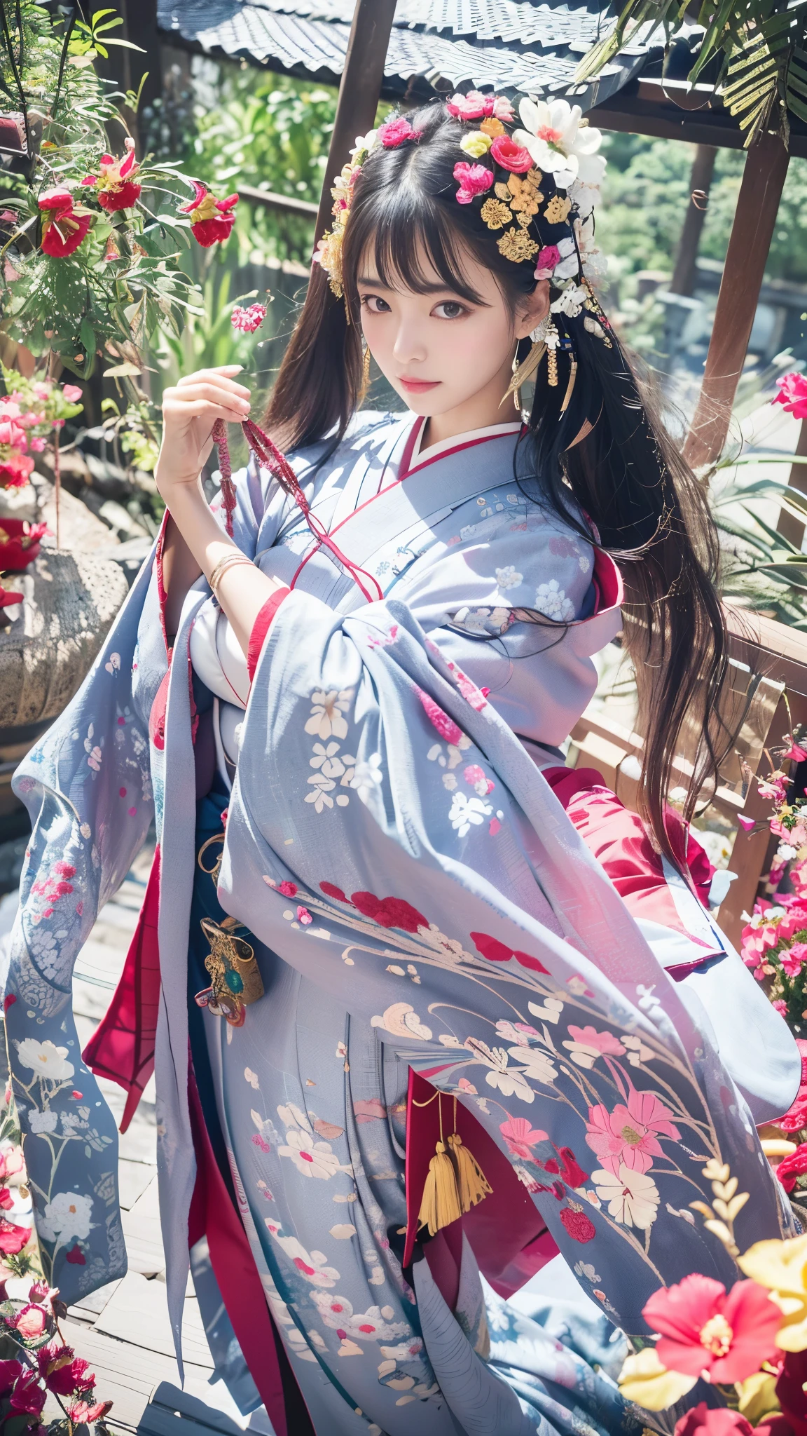 (highest quality, 8k, 32K, masterpiece, Award-winning work、high-resolution:1.2)、Photos of beautiful Japanese women、Kimono appearance、wonderfully delicate embroidery、big breasts、full body figure、Eyes are in focus、simple background、Japanese shrines、looking at the camera、