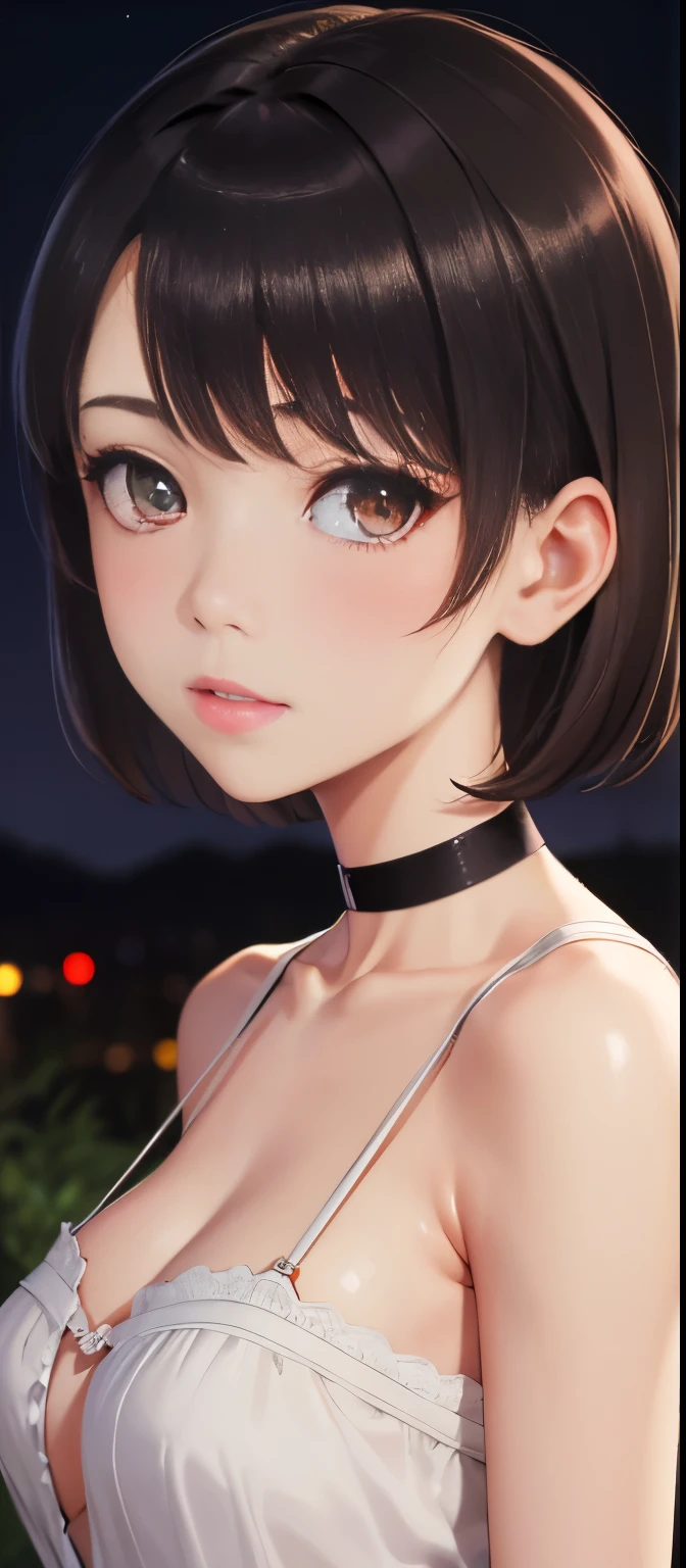 masterpiece, highest quality, 1 girl, black hair, very short hair, pixie cut, tan, medium breasts, messy hair, night, looking at the viewer, blush, choker,