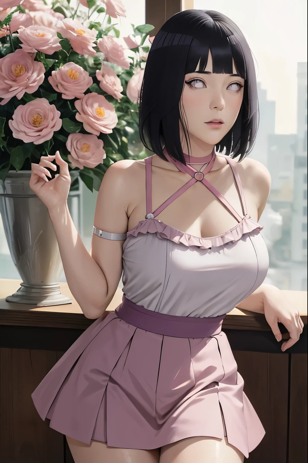 masterpiece, absurdres, hinata hyuga, 1girl, solo,mature female, spaghetti strap top,high waist short skirt, looking at viewer, (falling petals), perfect composition, detailed lips, big breast, beautiful face, body propotion, blush, (pink lips), long hair, purple eyes, soft gaze, super realistic, detailed, photoshoot, realistic face and body, detail body, sexual expression, seductive, thighhighs