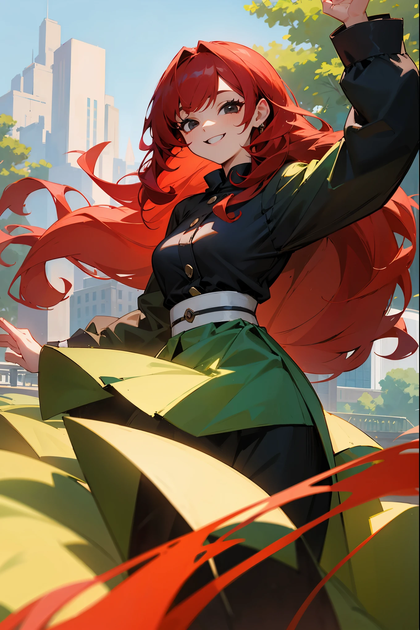 1female, red hair, black eyes, young, outfit, long curly hair, (((park background))), happy expression, day time