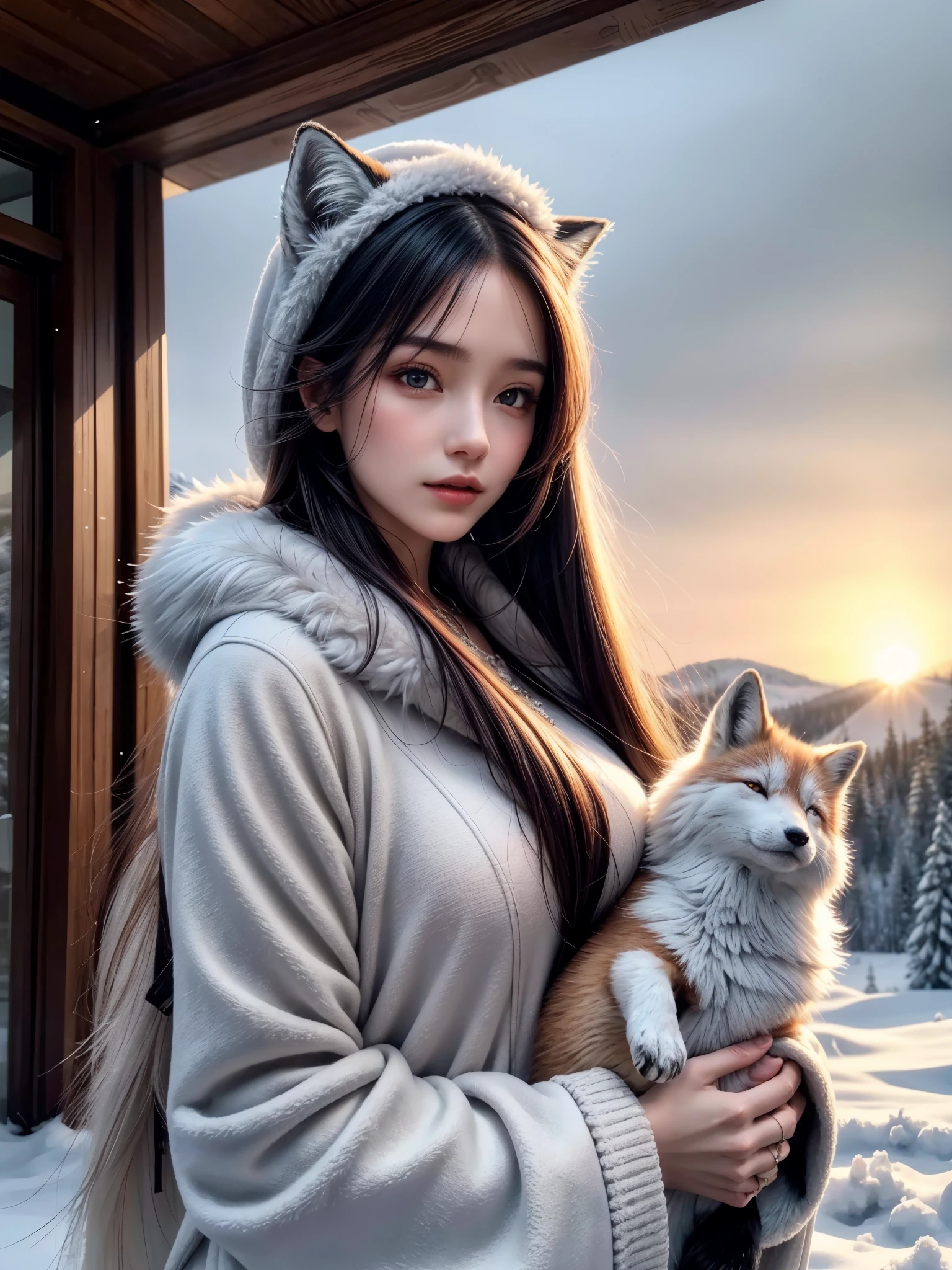 "(best quality,highres:1.2),ultra-detailed,realistic,HDR,UHD,professional,sharp focus,portrait:1.1,colorful,soft lighting,beautiful detailed eyes,beautiful detailed lips,A girl holding an arctic fox in her arms, snowy landscape,winter wonderland scene,soft falling snowflakes,sparkling icicles,magical atmosphere,misty mountains in the background,cozy fur coat,peaceful and serene expression,subtle shades of blue and white,delicate snow-covered trees,gentle wind blowing,the girl's red hair shining,warm breath on the cold air,playful fox whiskers,clear sky with a touch of pink and purple at sunset".