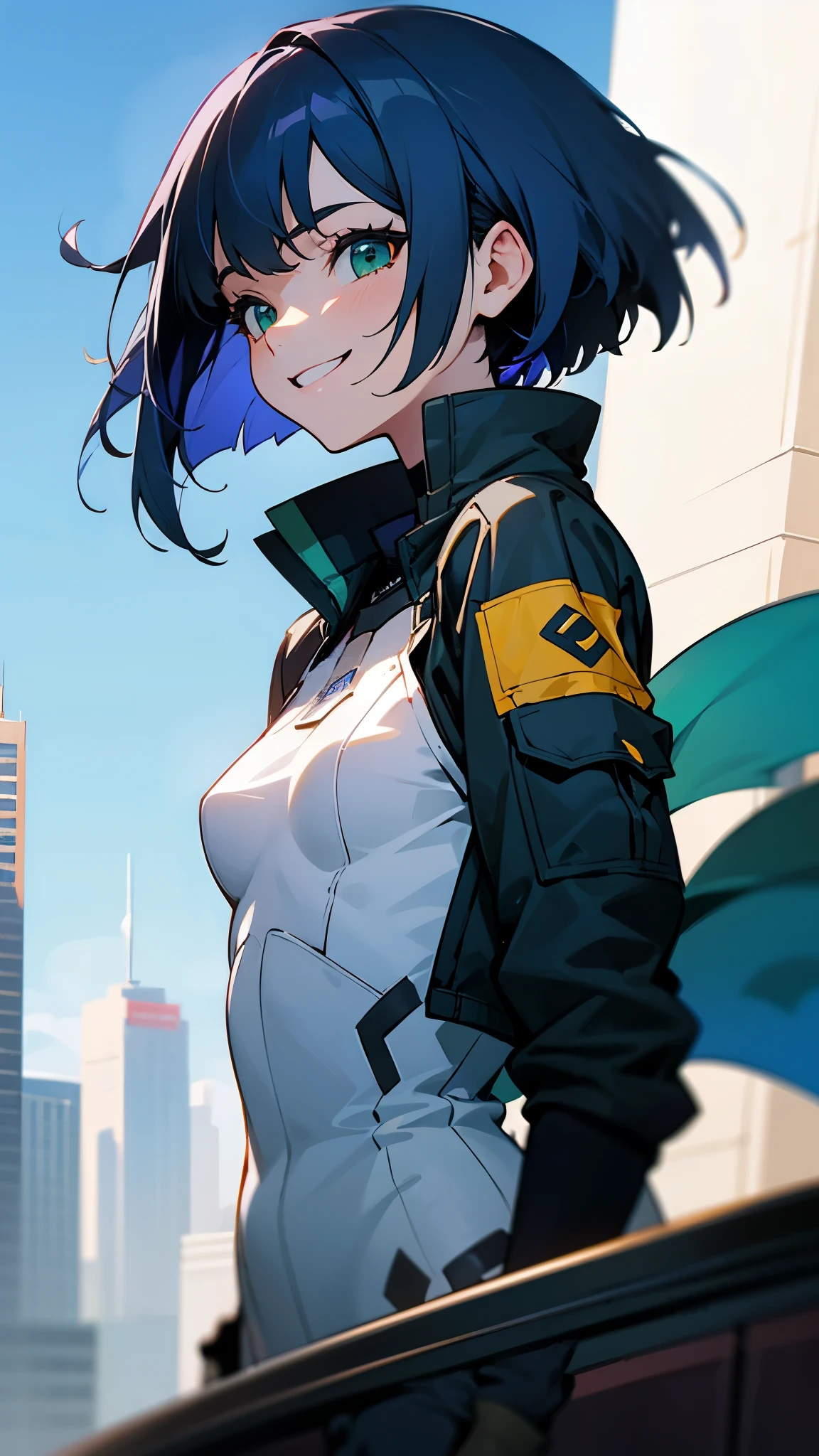 lively girl、small breasts、riders jacket、dark blue hair、bob hair、green round eyes、From the side、gloves、evil smile、skyscraper、rooftop、Blowin' in the wind、blue sky、upper body close-up、sharp outline