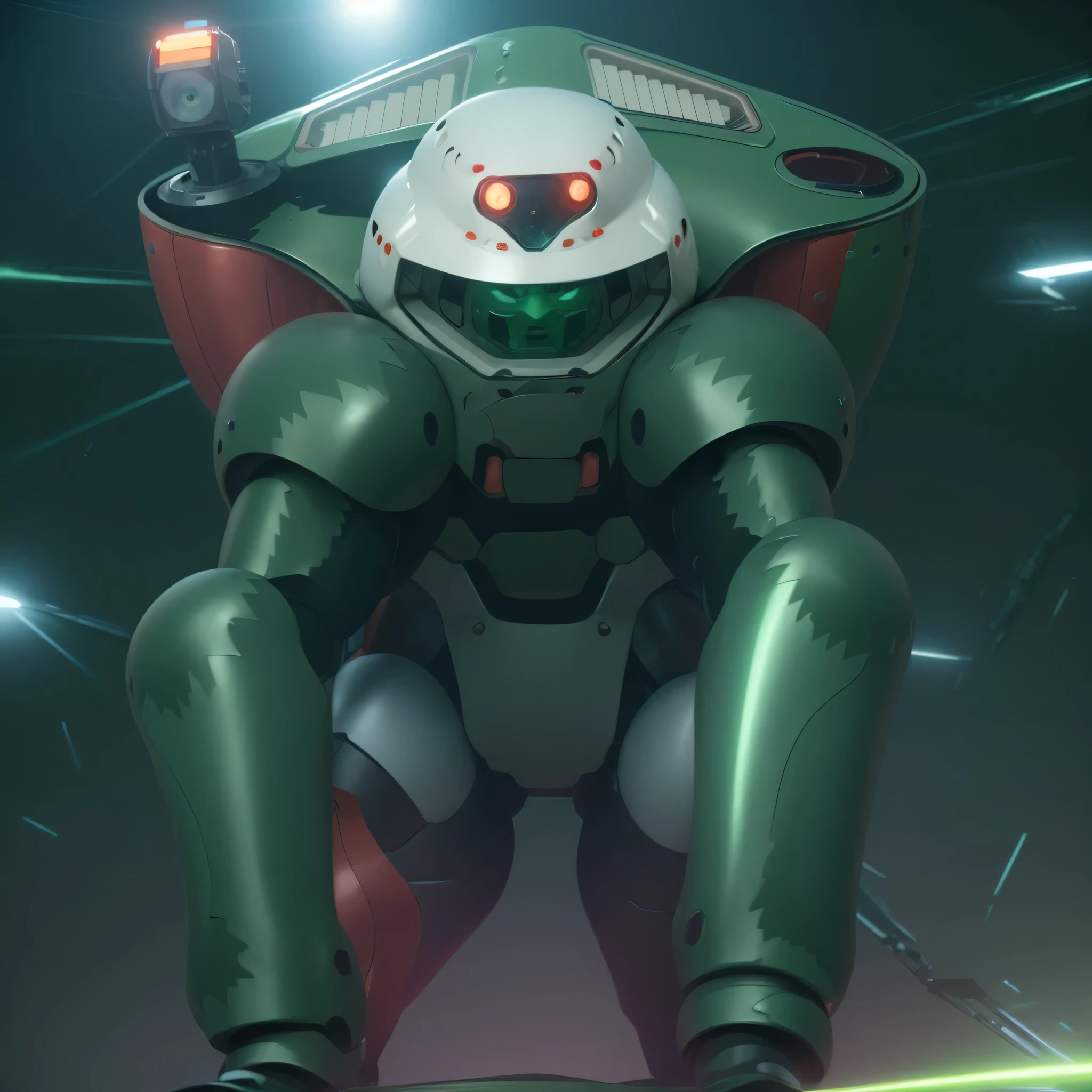 Anime character wearing helmet and black body, Otomo Katsuhiro, alphonse, artist Otomo Katsuhiro, Reiji Matsumoto, Anime large mecha, from Akira ( 1 9 8 8 ) style, Cartoon《Ghost in the Shell》middle, Otomo Katsuhiro, robot warrior, Mecha suit，3D rendering effect，Realistic effect，green uniform