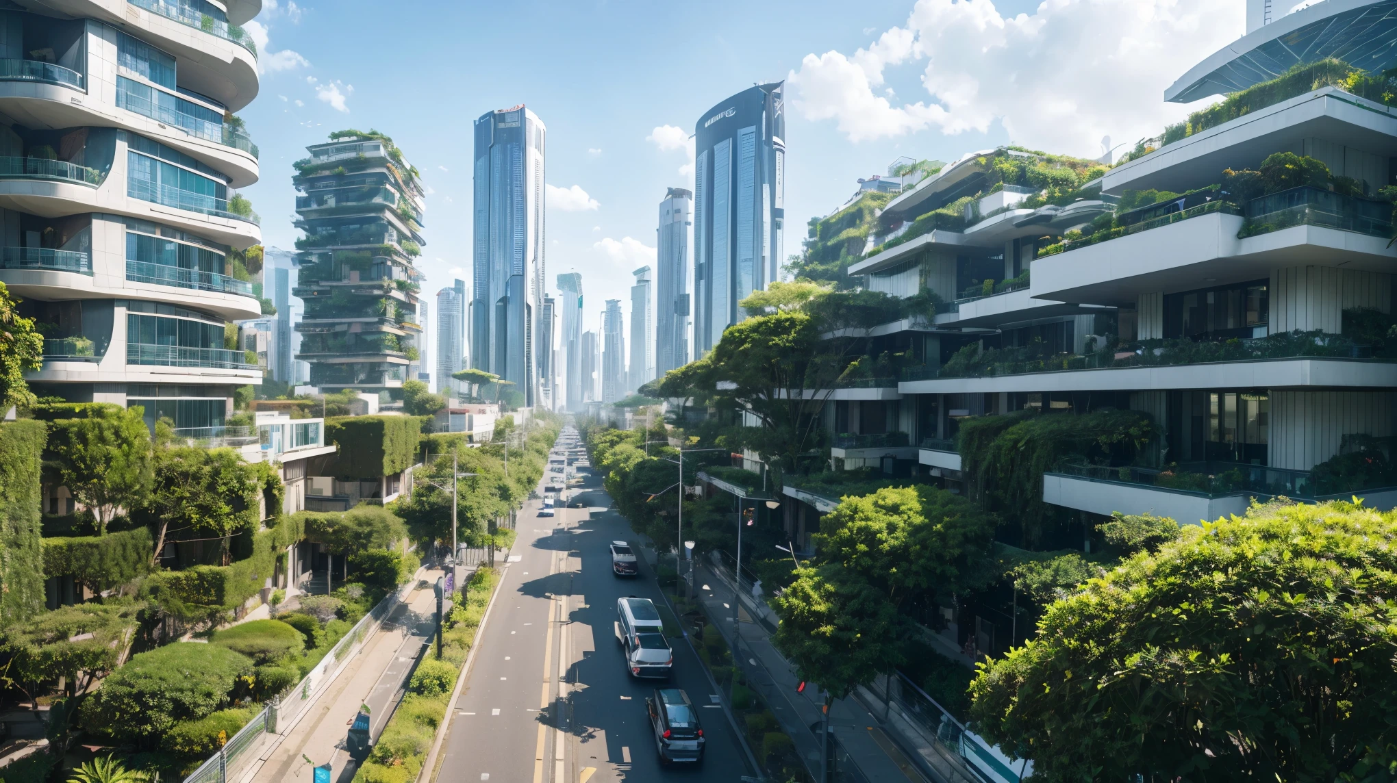 In the heart of a futuristic green city, the vibrant hues of lush greenery and advanced architectural structures converge in a breathtaking tableau. Building facades, adorned with luscious vegetation and sculpted in sleek lines, soar towards the sky. The streets bustle with the hum of advanced technology, intermingling with the gentle rustling of leaves. Solar panels and wind turbines dot the rooftops, generating clean energy for this eco-conscious urban wonderland. Pedestrians, clad in futuristic attire, glide effortlessly along neon-lit pathways. The city's inhabitants move about their daily lives