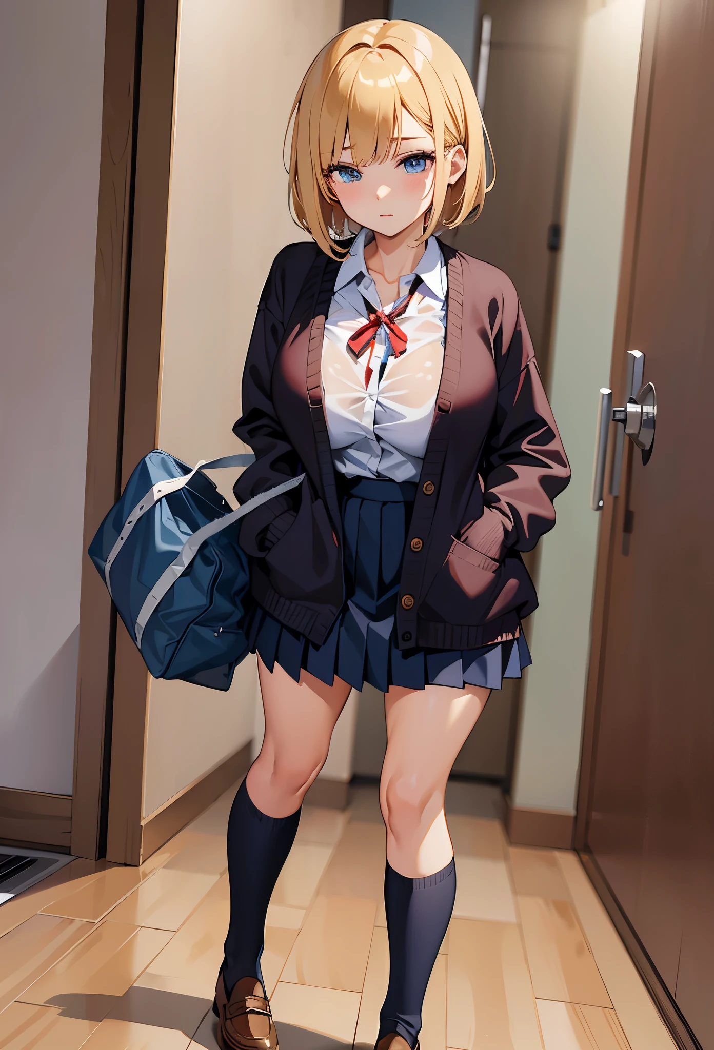 Full body,standing,solo,gal,1Girl,jitome,blue eyes,hair over one eye,(large breasts), brown skin,(Leaning forward,),Emphasize the chest,BREAK,blonde hair, straight bob cut,BREAK,School Uniforms, dark grey short pleated skirt,BREAK,sleeves past wrists black baggy cardigan, black buggy cardigan closes the button,BREAK,inner wear is white collared-shirt, BREAK,It's loose red small ribbon,black socks,Indoor shoes,tsurime,1GIRL,puffy nipples