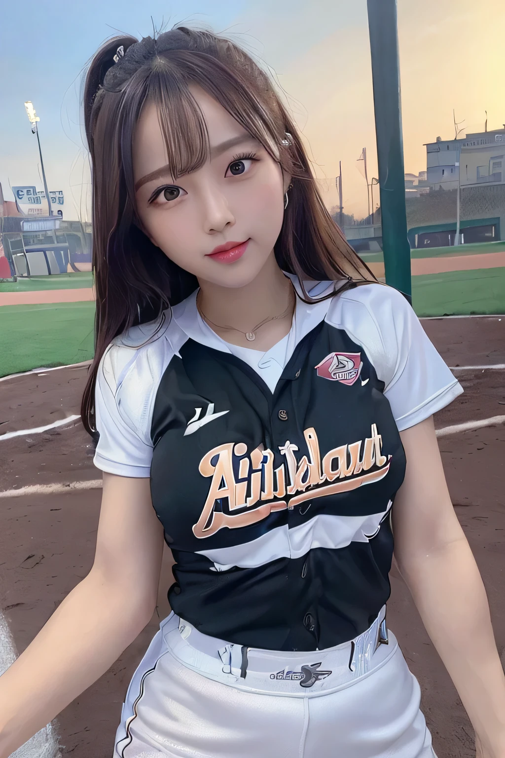 ((highest quality, 8k, masterpiece :1.3)), double eyelid, ((sports:1.2)) ((Athletics:1.5)), cute, big breasts, running, beauty, Beautiful woman, beautiful and detailed eyes, professional lighting,, stretch, playground, baseball, (jersey:1.5)