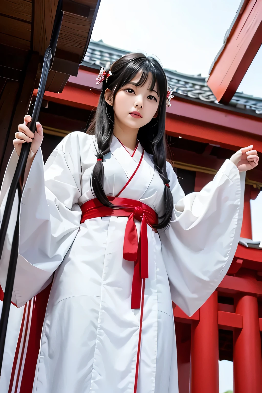 white and red shrine maiden clothes、Adult Beautiful Priestess、Black Hair Upstyle、((whole body))、(((photo taken from below)))、shrine