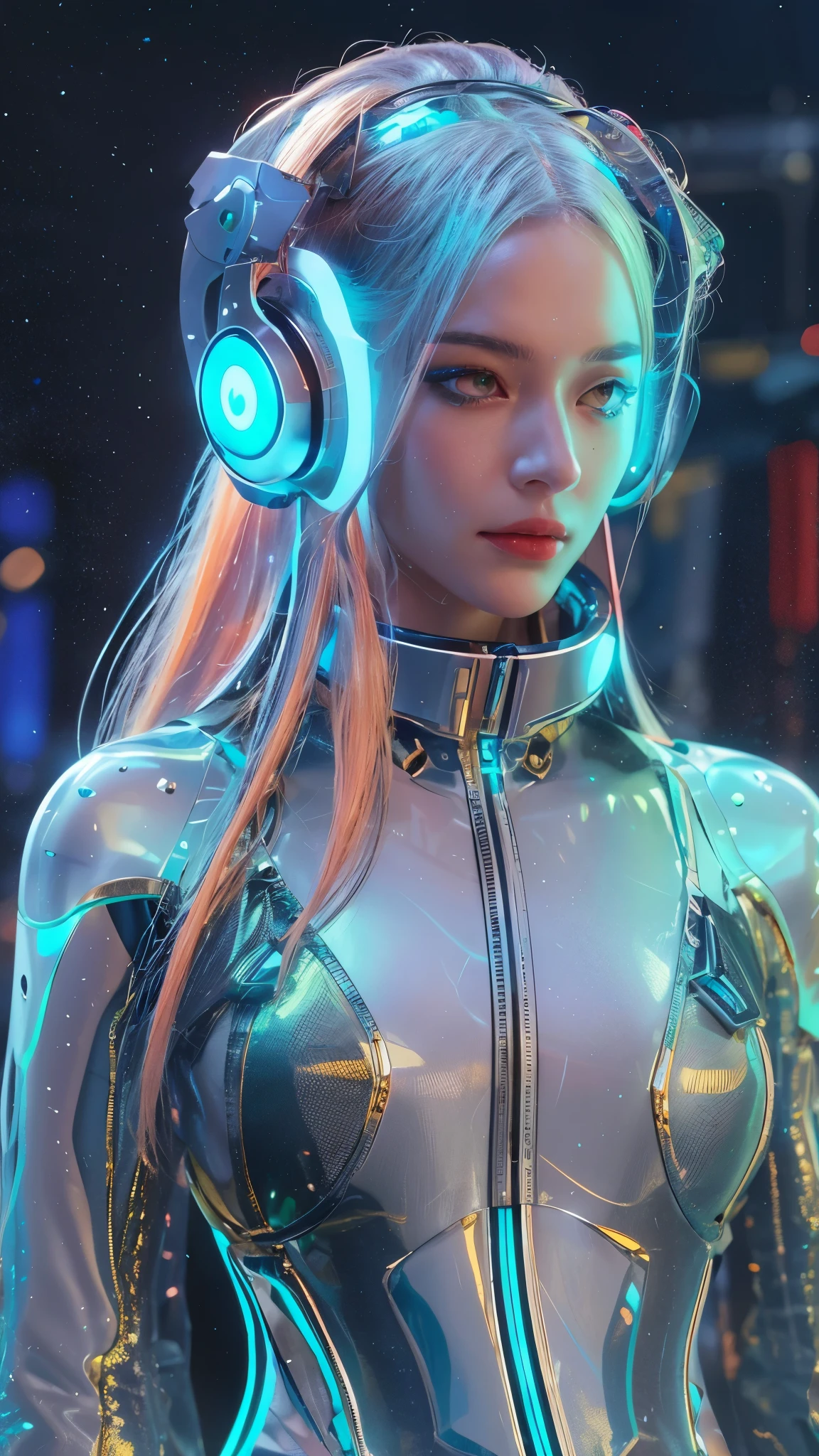 a image of a woman wearing colorful robot tech, in the style of free-flowing surrealism, shiny/glossy, precise and lifelike, hard surface modeling, precisionist lines, light silver and azure, engineering/construction and design,Luminous headphones, Luminous hair accessories, long hair, Luminous earrings, glow necklace, cyberpunk,transparent clothes